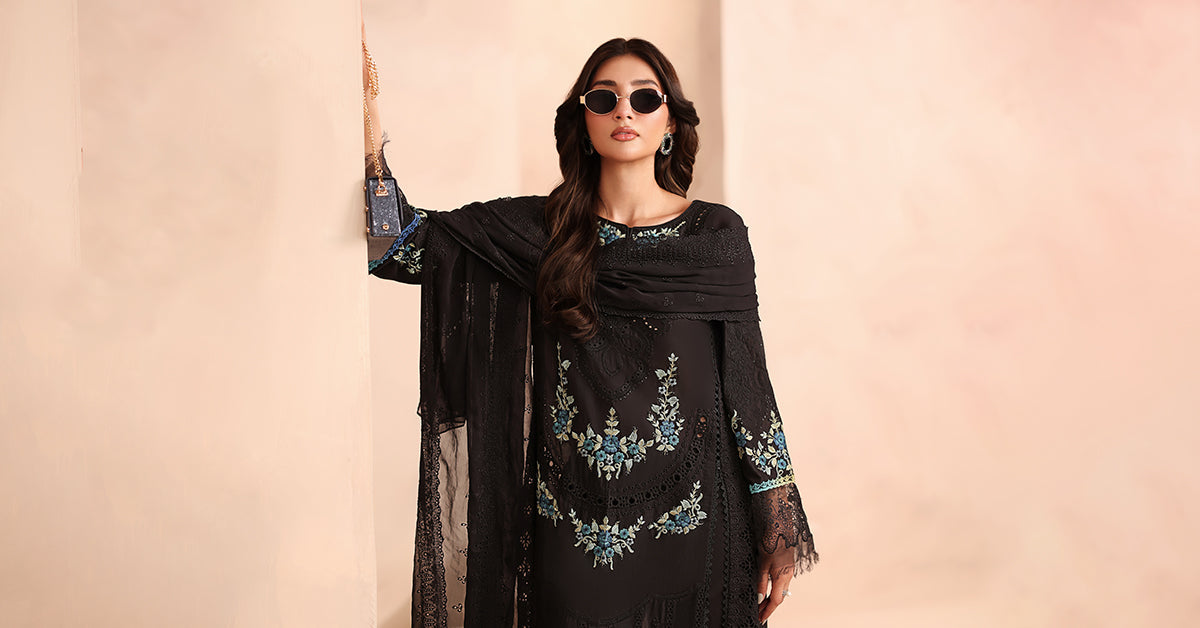 Pakistani Black Schiffli Embroidered Lawn 3-Piece Suit - Image 8