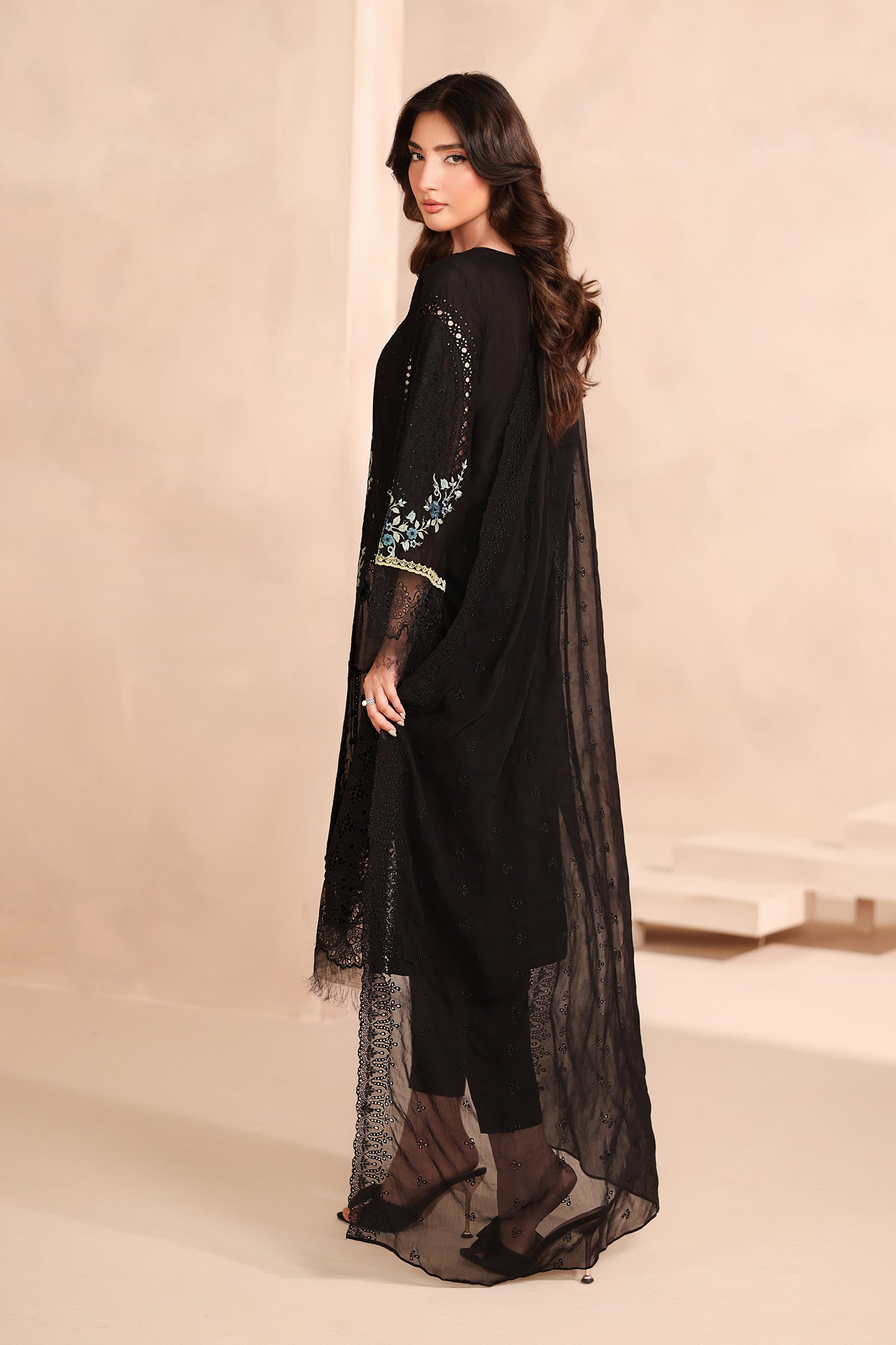 Pakistani Black Schiffli Embroidered Lawn 3-Piece Suit - Image 9