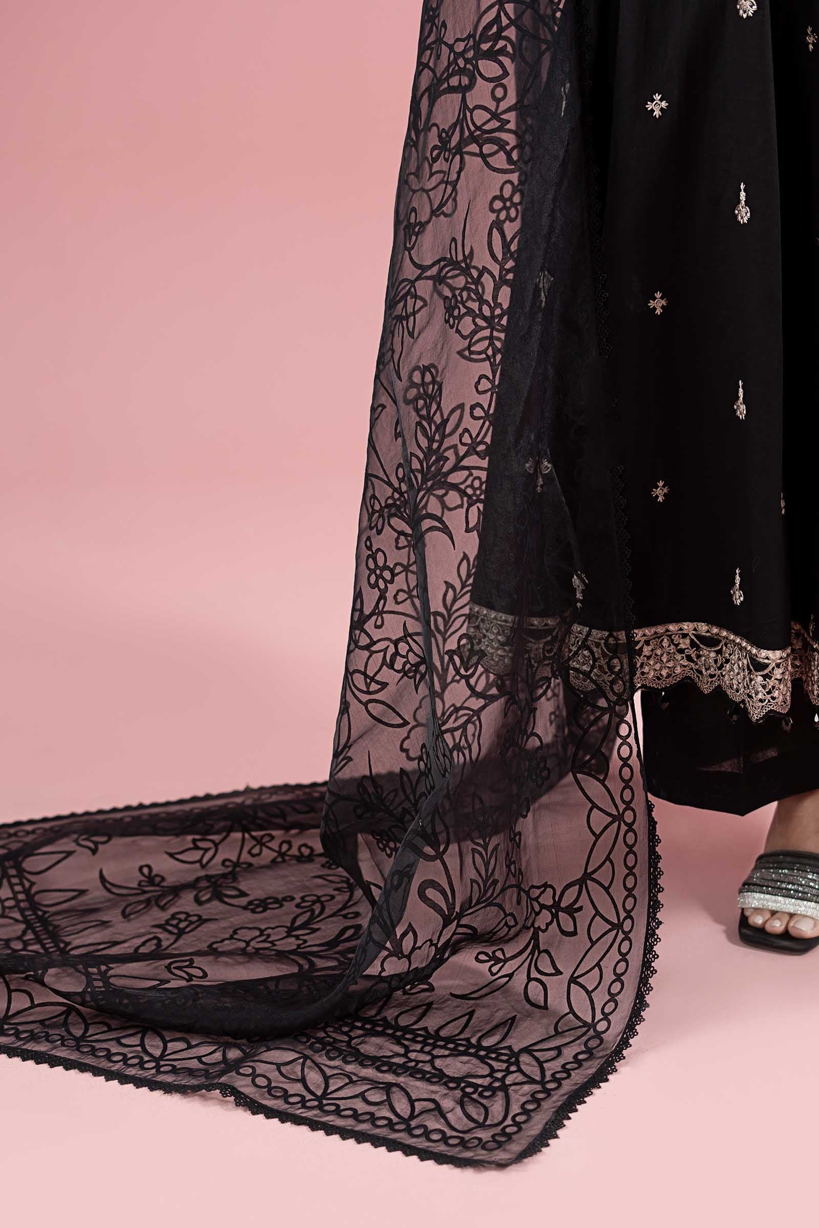 Black Embroidered Lawn Frock Dress (3-Piece) - Image 5