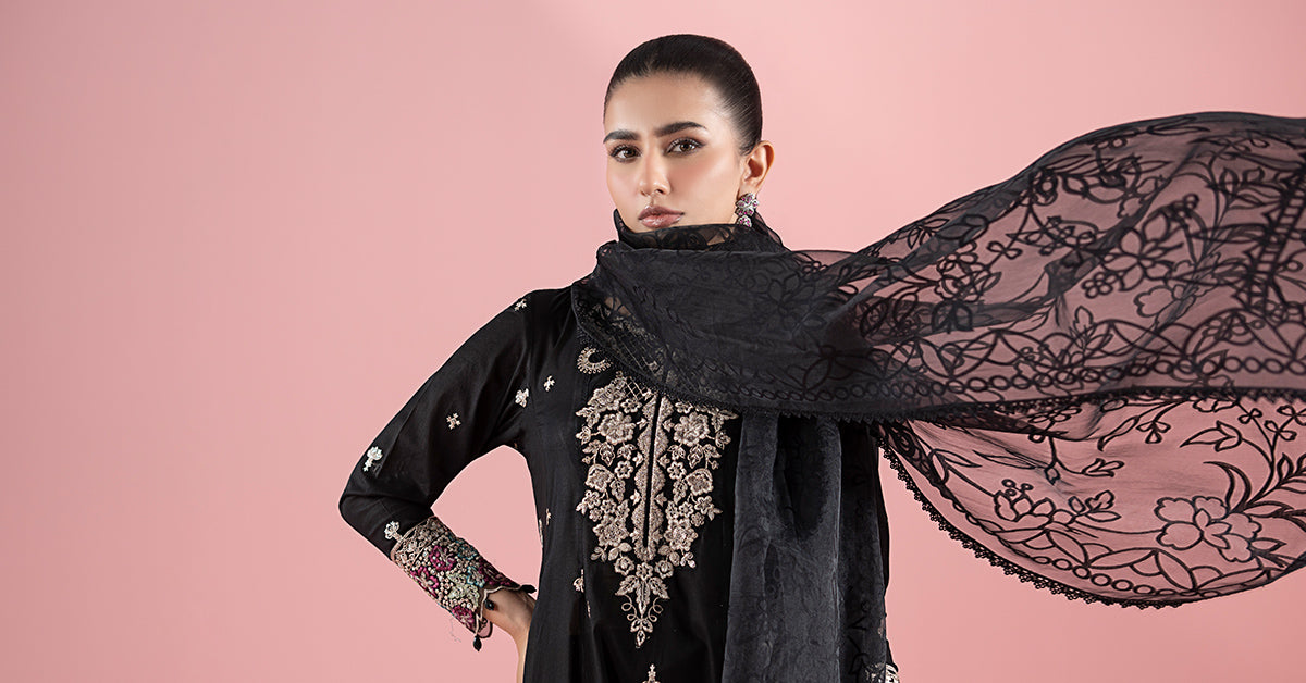Black Embroidered Lawn Frock Dress (3-Piece) - Image 8