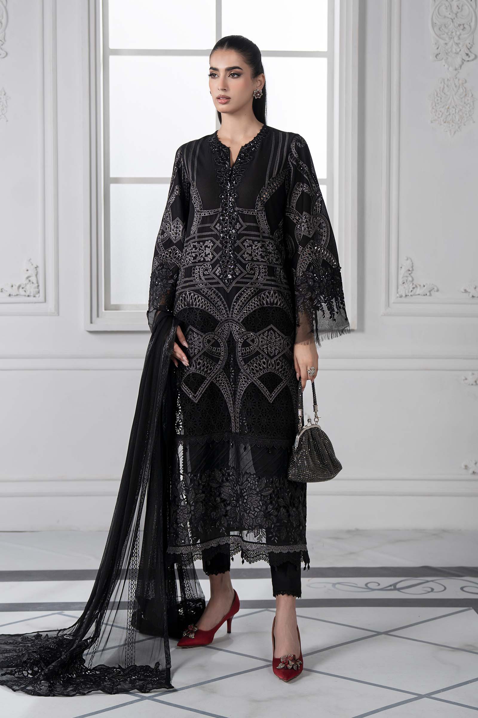 Pakistani Black Embroidered Lawn & Net 3-Piece Suit - Image 1