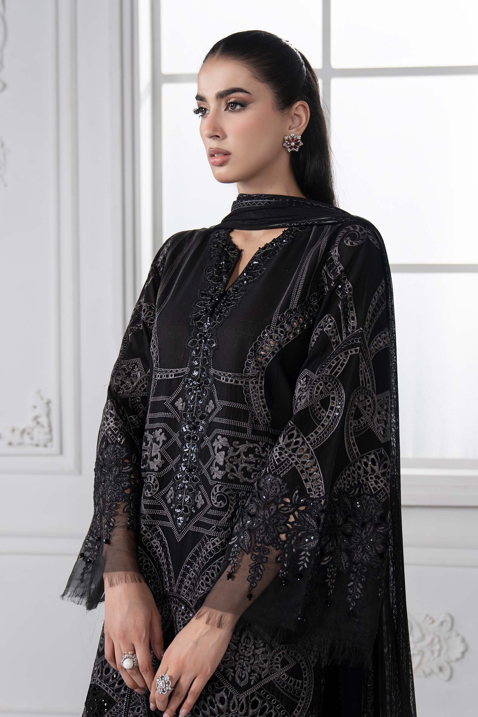 Pakistani Black Embroidered Lawn & Net 3-Piece Suit - Image 2
