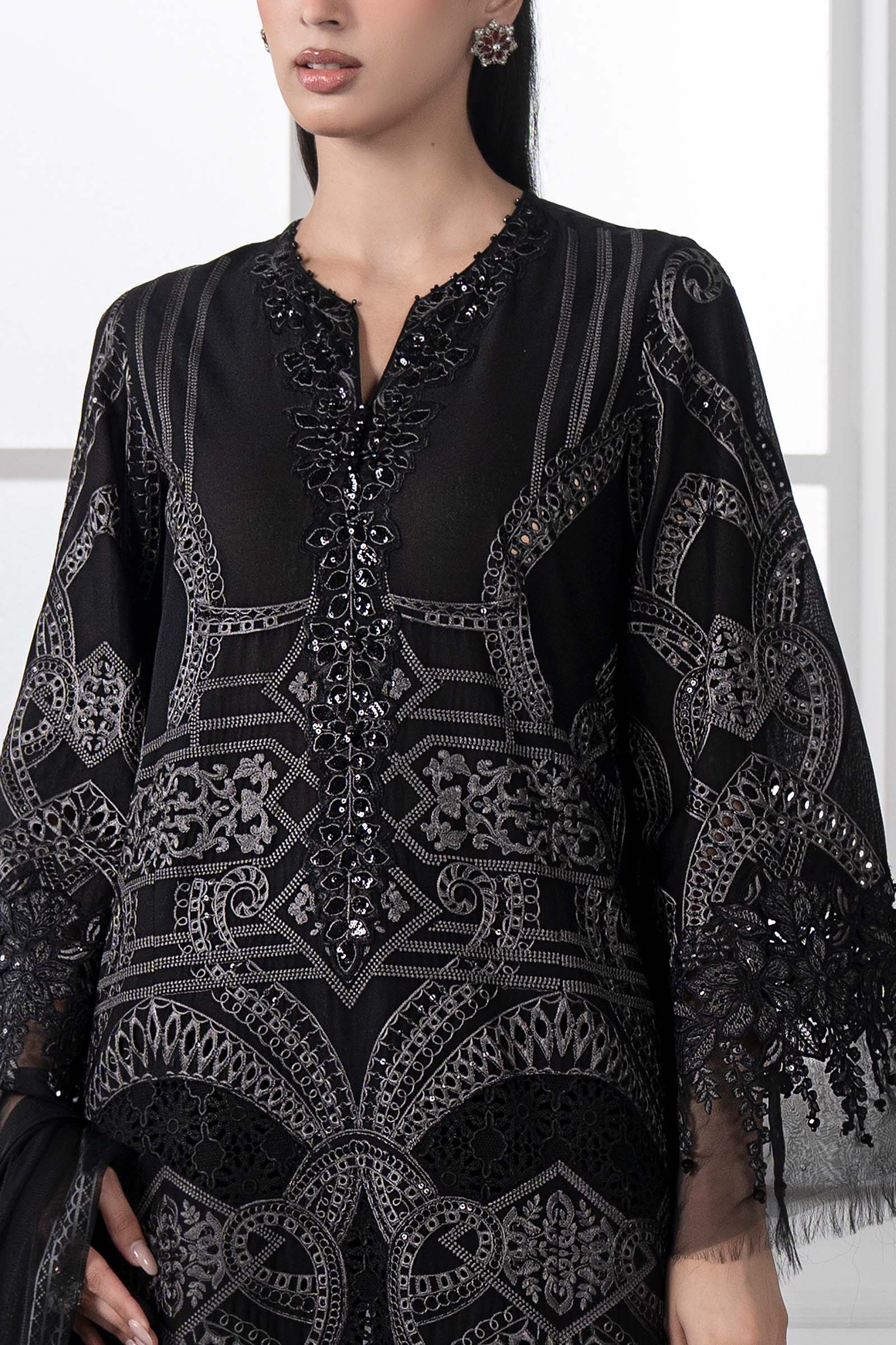 Pakistani Black Embroidered Lawn & Net 3-Piece Suit - Image 3