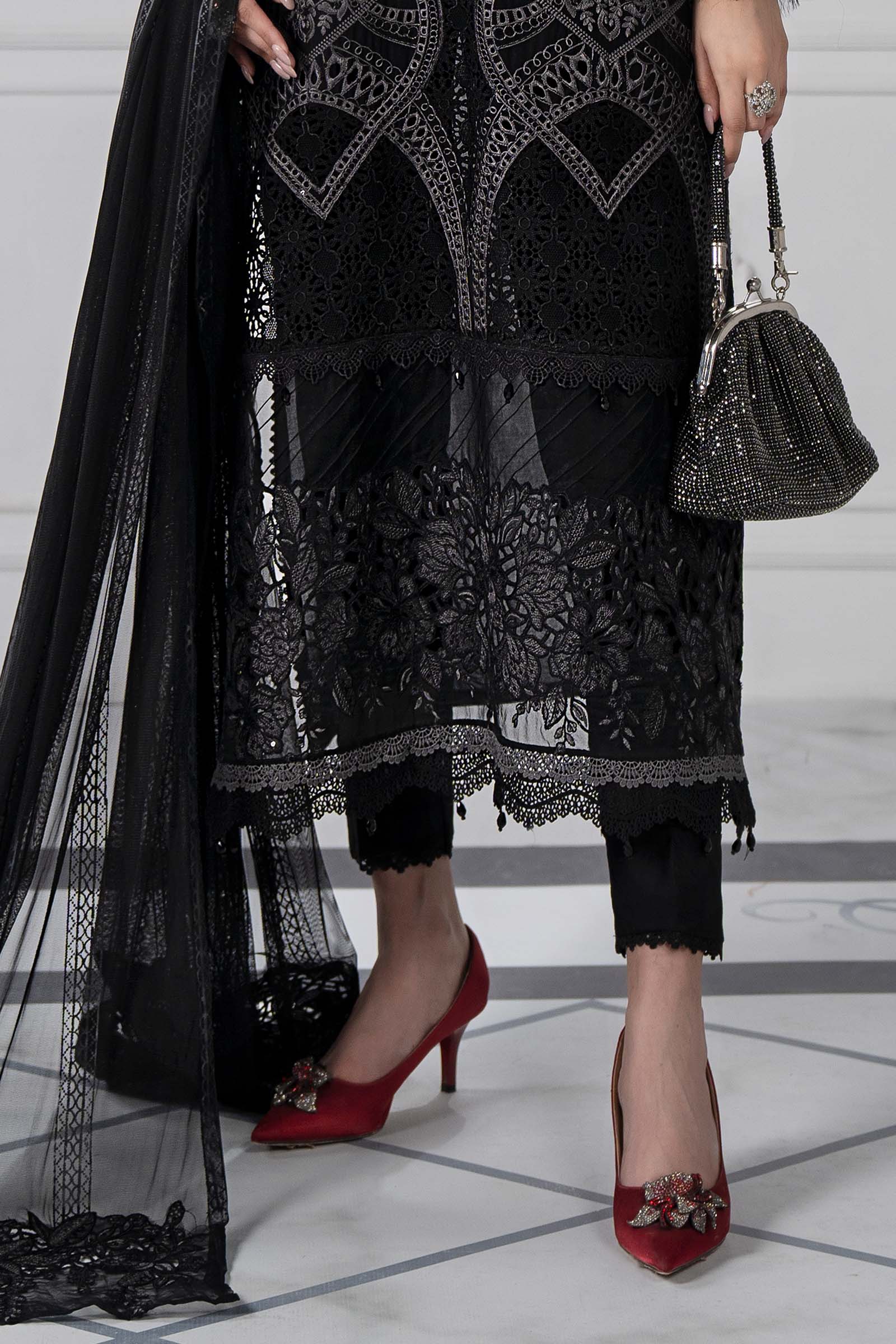 Pakistani Black Embroidered Lawn & Net 3-Piece Suit - Image 4