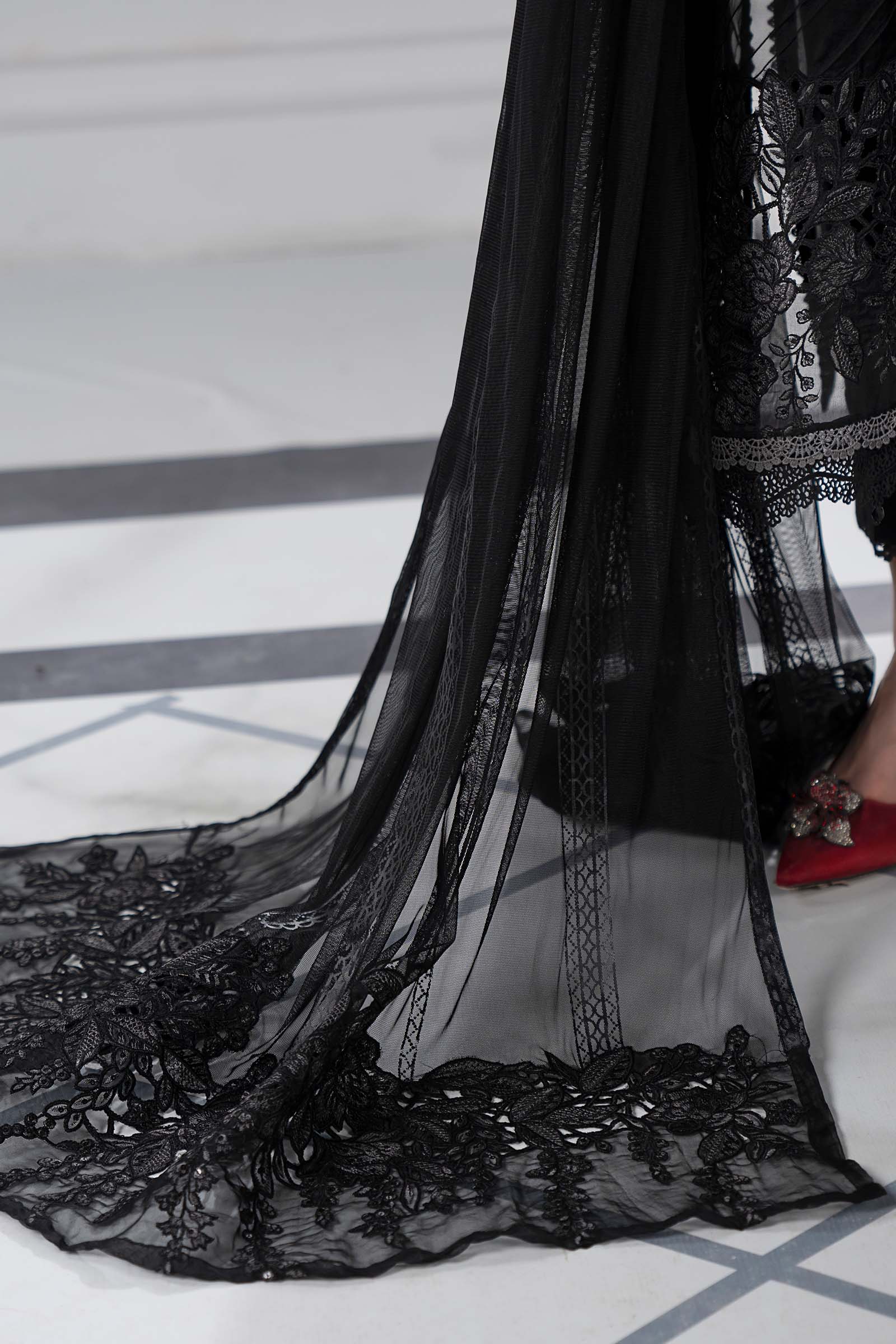 Pakistani Black Embroidered Lawn & Net 3-Piece Suit - Image 5