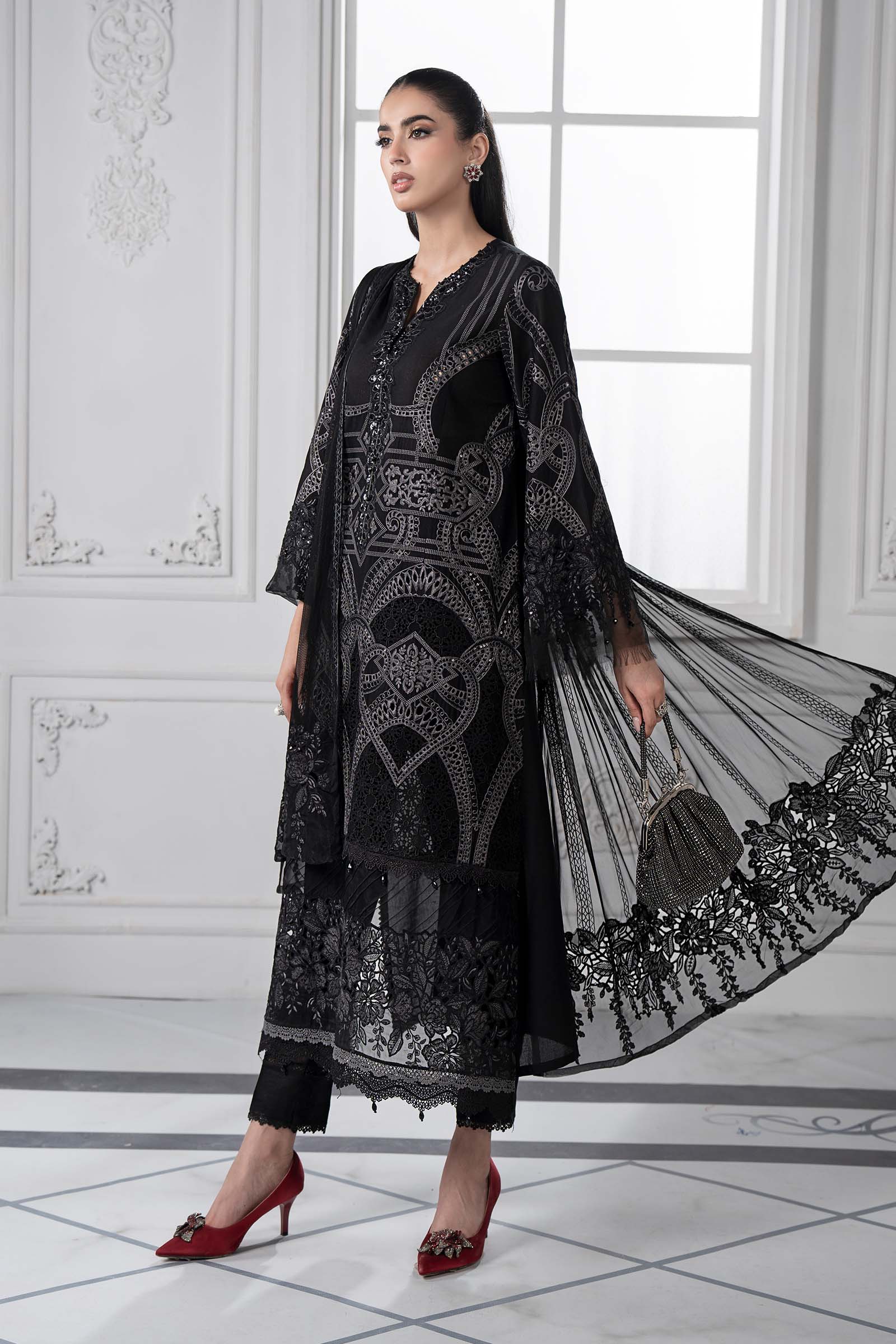 Pakistani Black Embroidered Lawn & Net 3-Piece Suit - Image 6