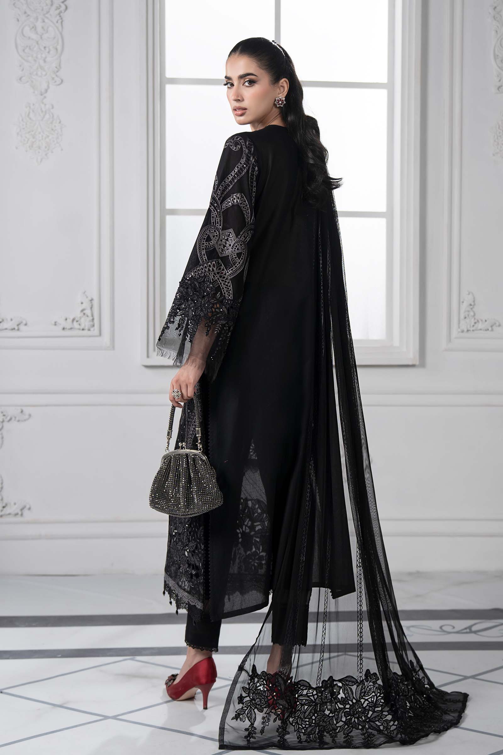 Pakistani Black Embroidered Lawn & Net 3-Piece Suit - Image 7
