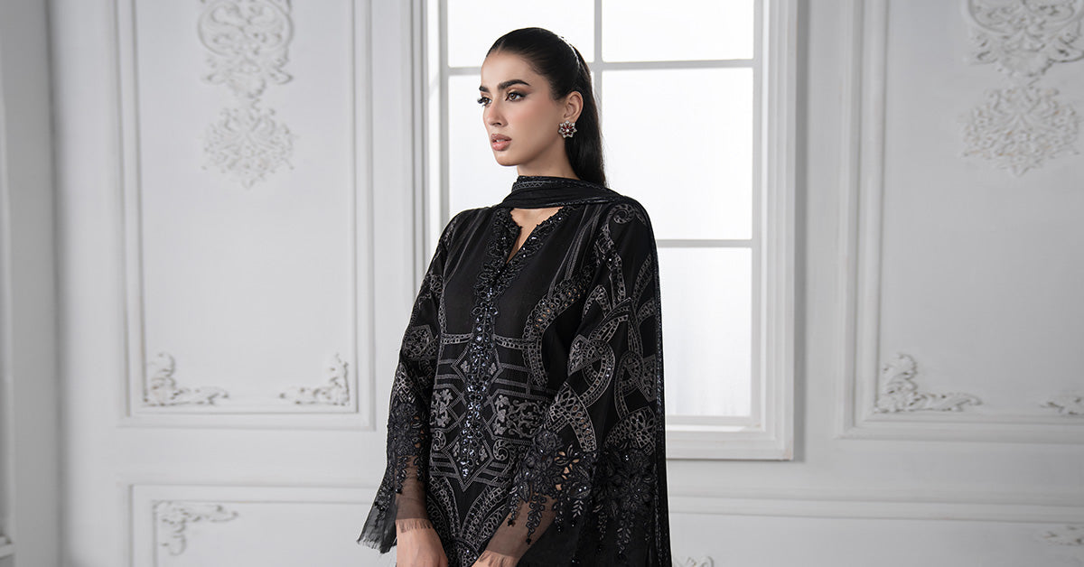 Pakistani Black Embroidered Lawn & Net 3-Piece Suit - Image 8