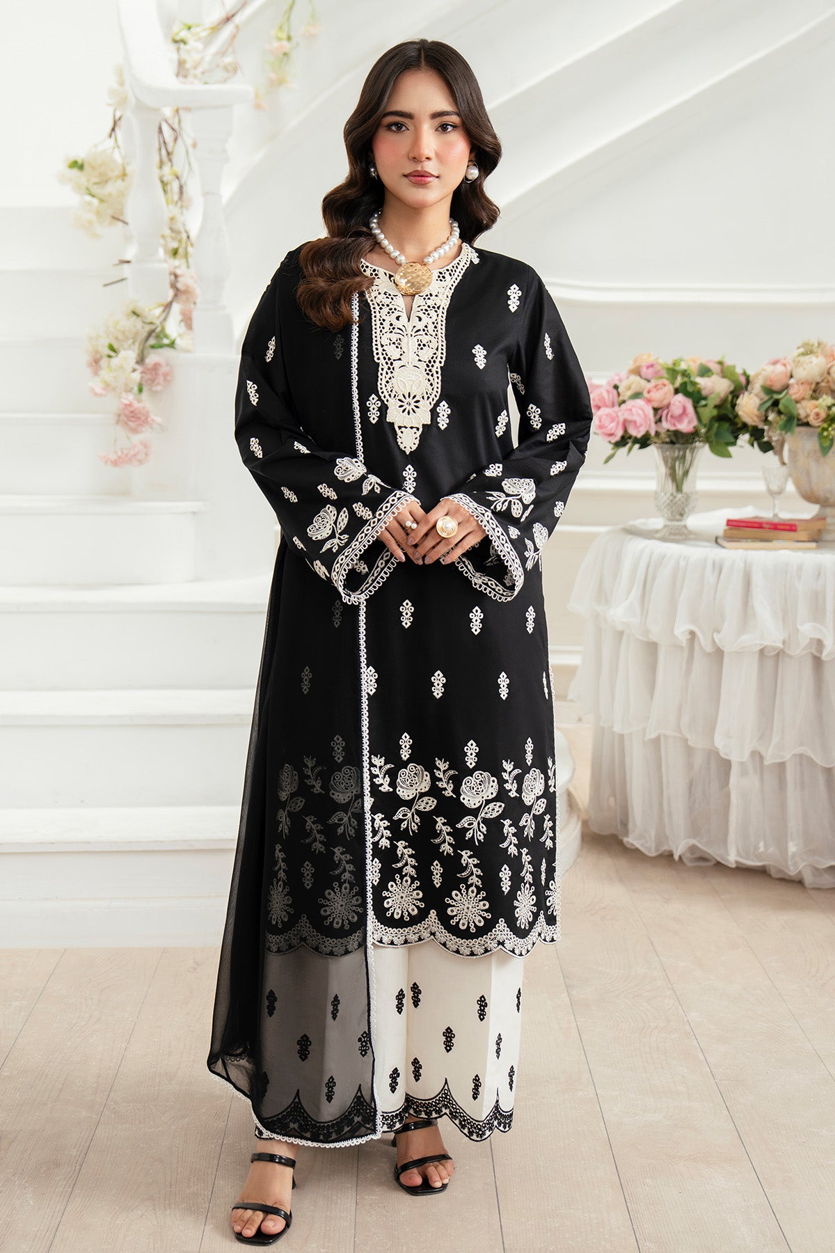 Pakistani Black Embroidered Lawn Salwar Kameez (3-Piece) - Image 1