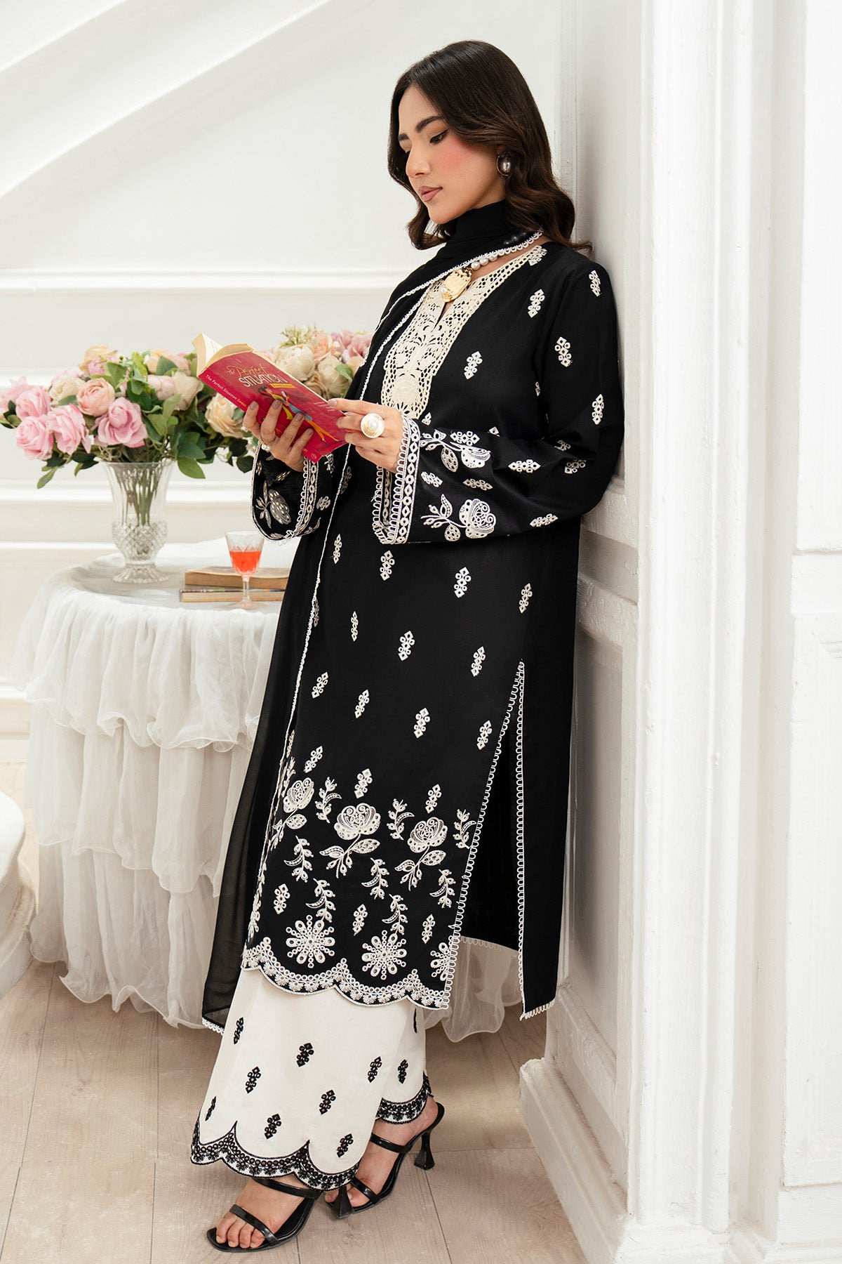 Pakistani Black Embroidered Lawn Salwar Kameez (3-Piece) - Image 4