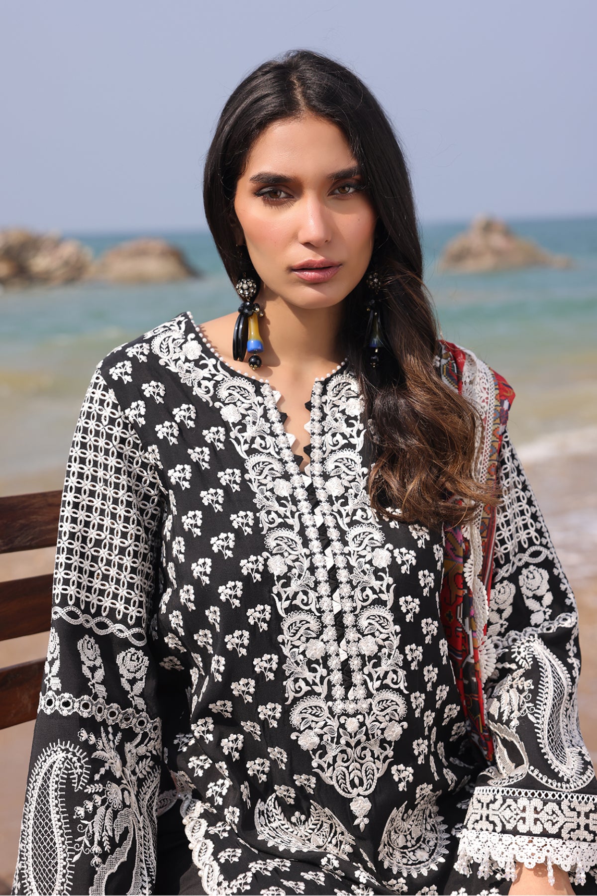 Pakistani Black Embroidered Lawn 3-Piece Suit - Image 2