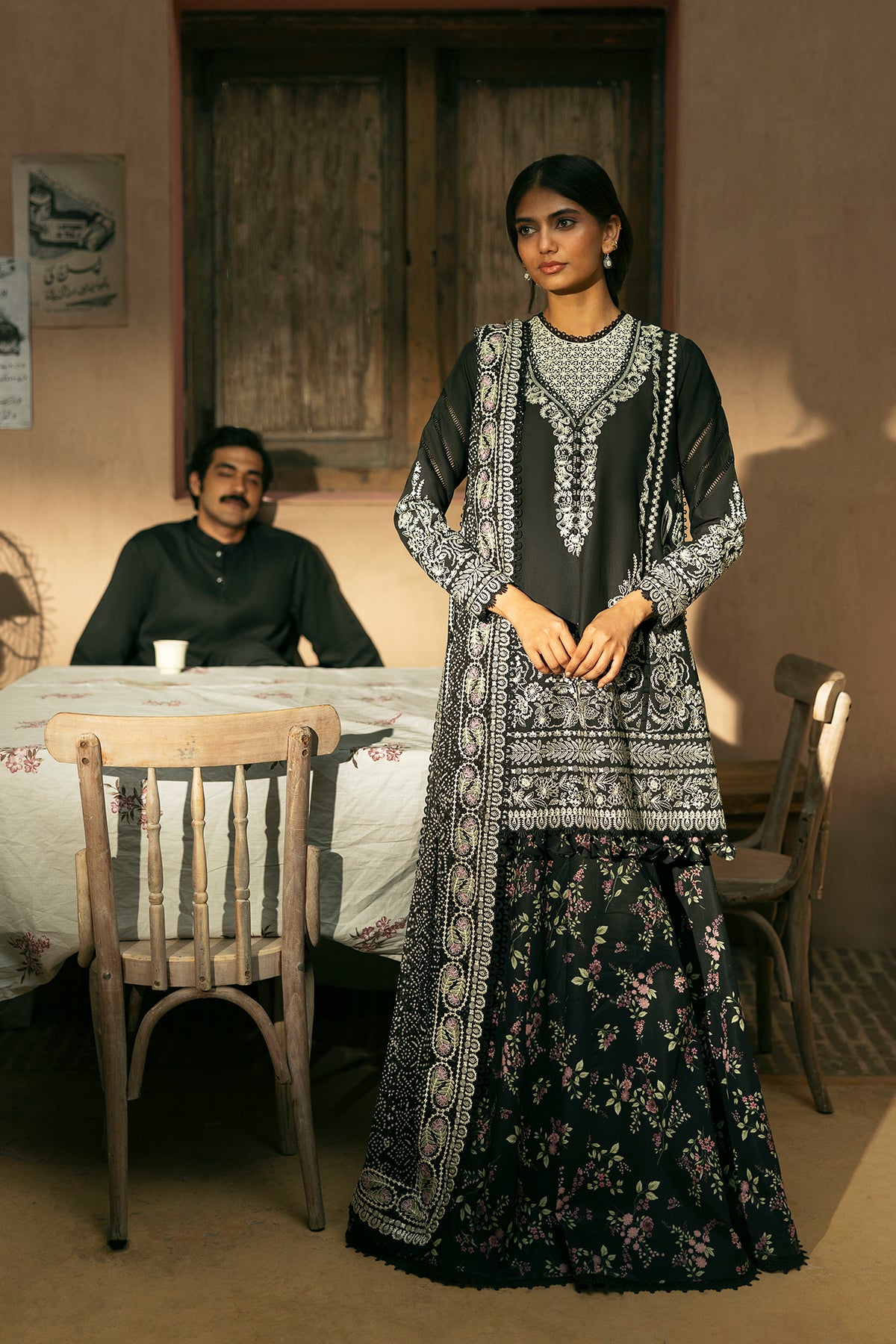 Pakistani Black Embroidered Lawn & Chiffon Salwar Kameez (3-Piece) - Image 1