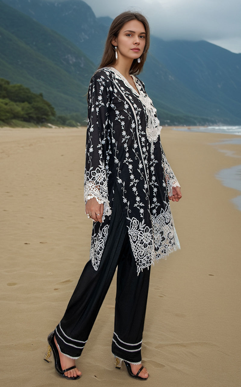 Pakistani Black Embroidered Lawn 2-Piece Suit - Image 1