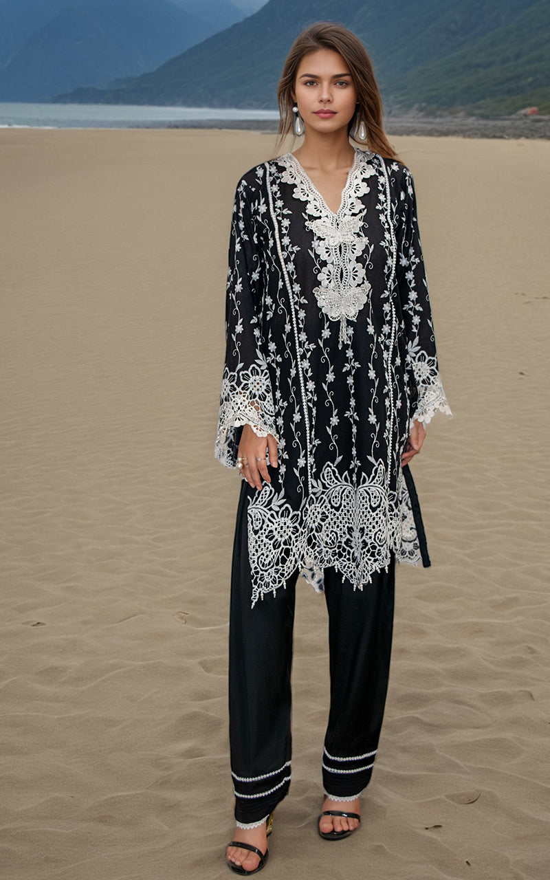 Pakistani Black Embroidered Lawn 2-Piece Suit - Image 2