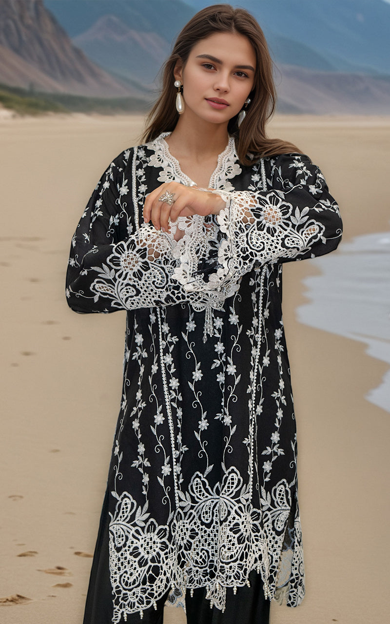 Pakistani Black Embroidered Lawn 2-Piece Suit - Image 3