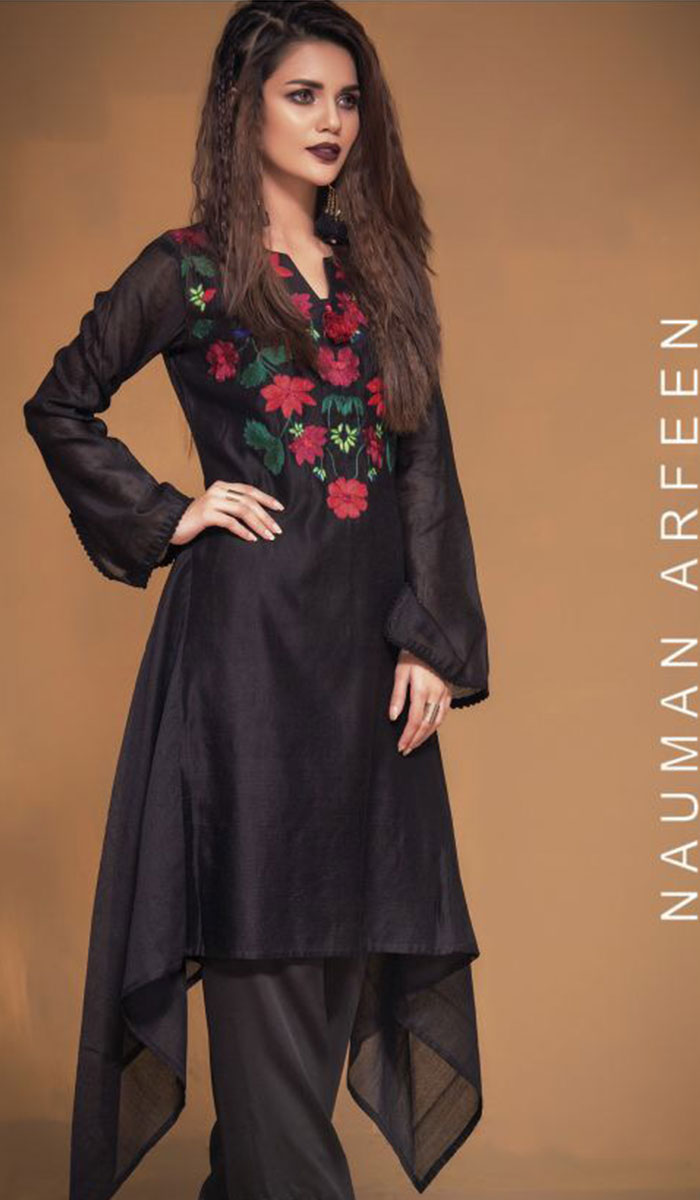 Black Floral Embroidered Lightweight Kurta Set (2-Piece) - Image 1