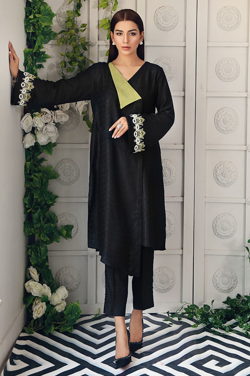 Pakistani Black Embroidered Linen A-Line Shirt (2-Piece) - Image 1