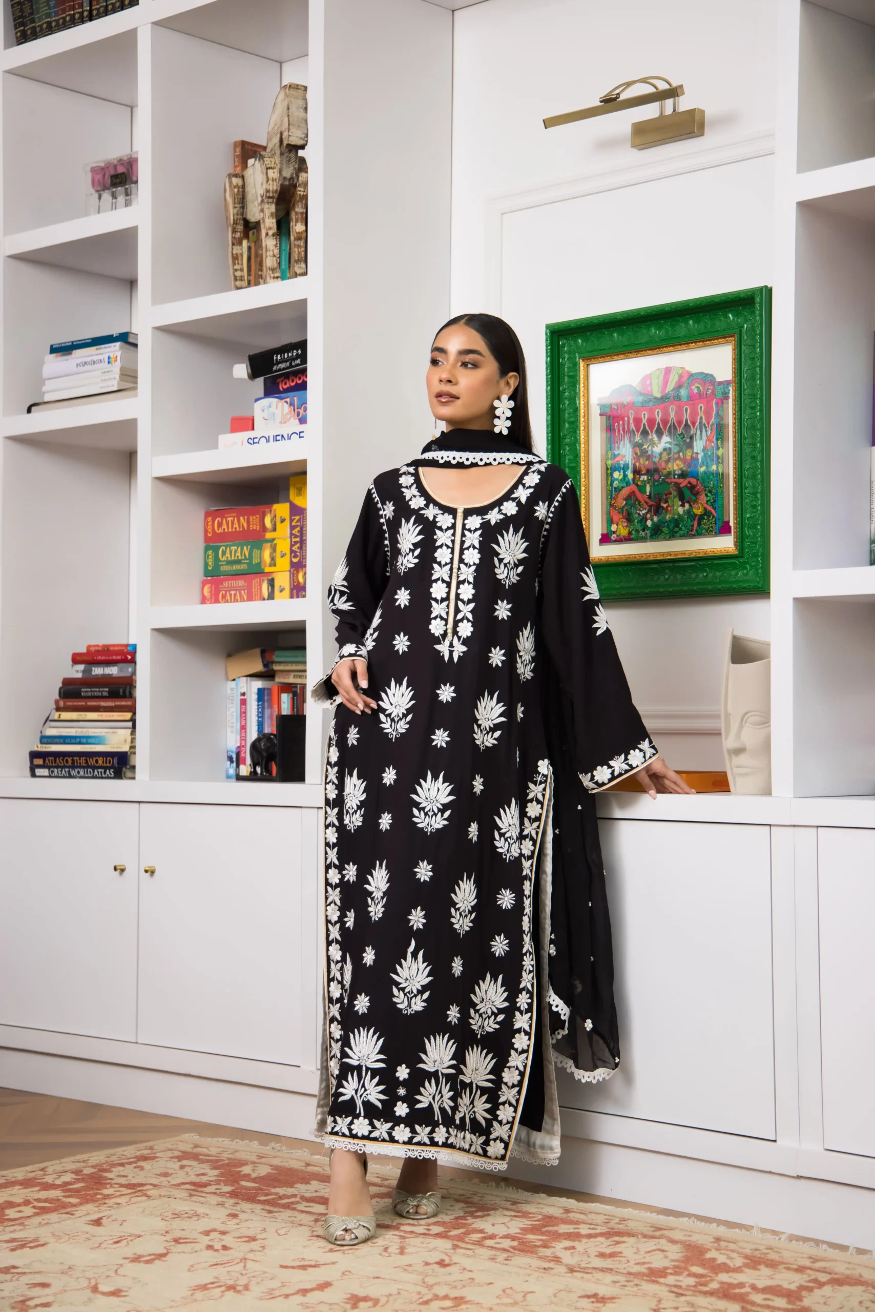 Black White Embroidered Linen Salwar Kameez (3-Piece) - Image 2