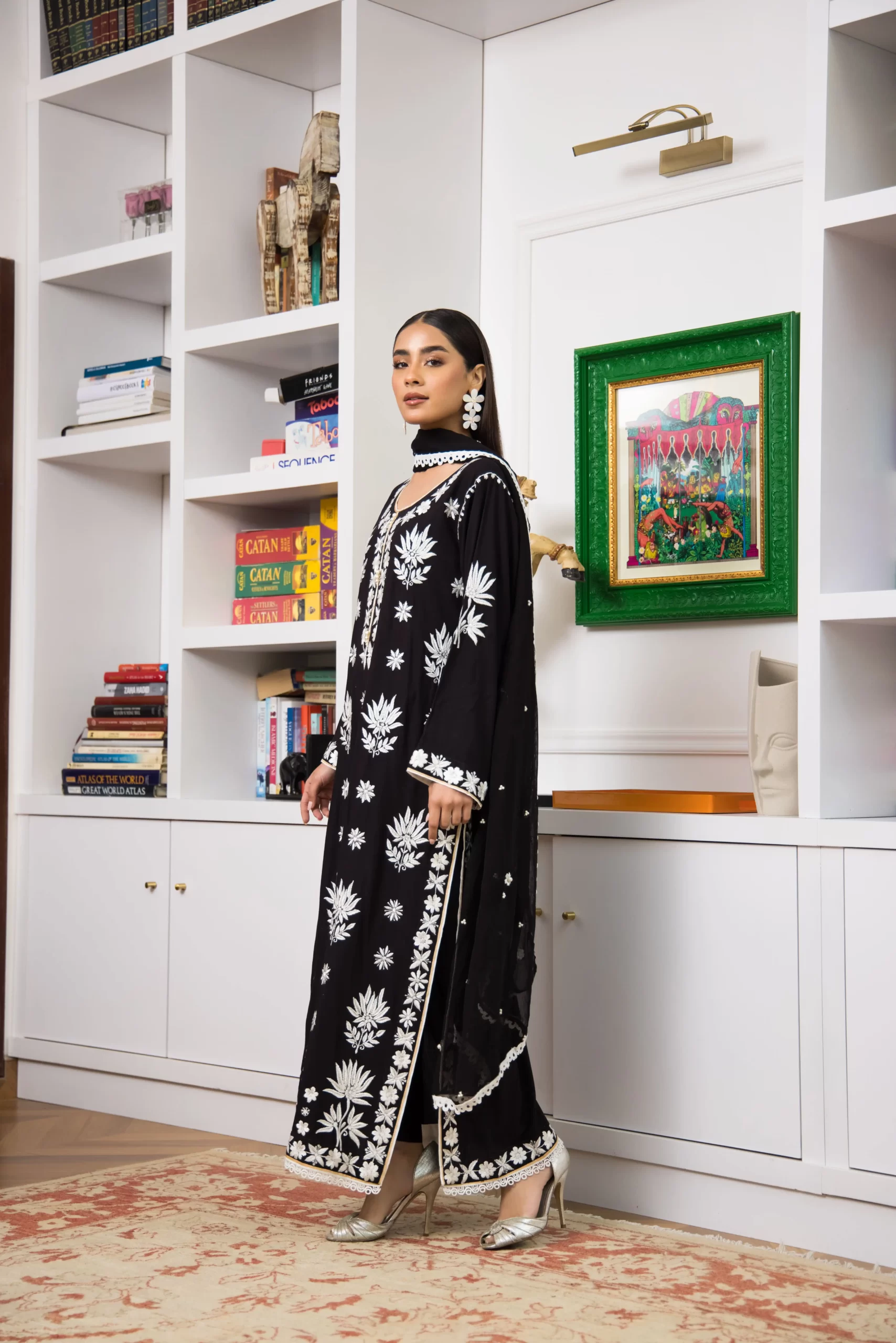 Black White Embroidered Linen Salwar Kameez (3-Piece) - Image 3