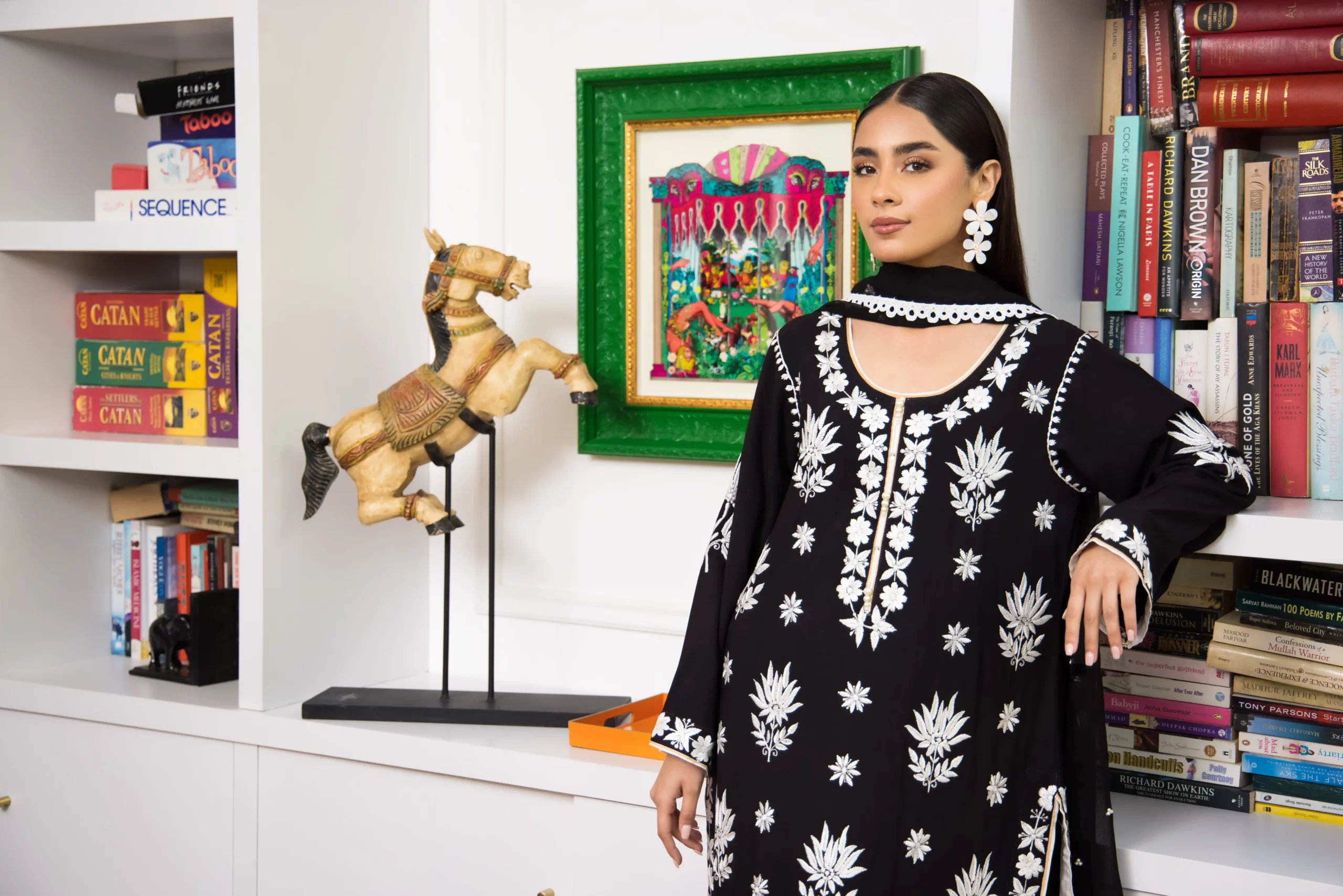 Black White Embroidered Linen Salwar Kameez (3-Piece) - Image 5