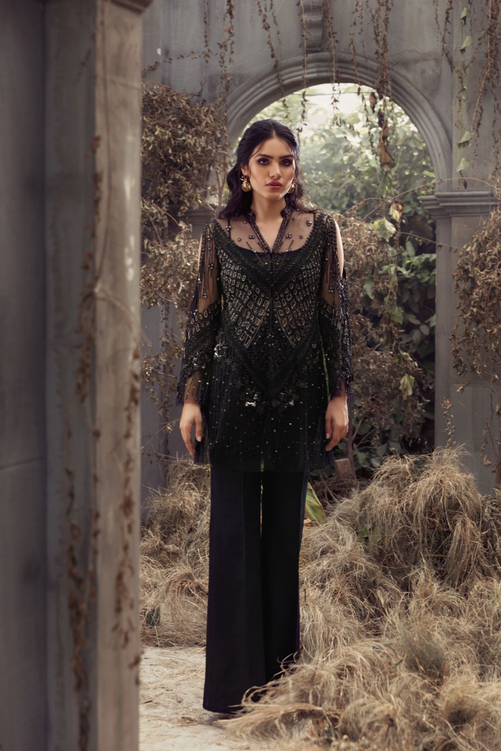 Black Beaded Net Salwar Kameez (2-Piece) - Image 2