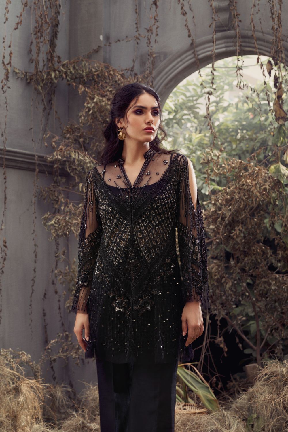 Black Beaded Net Salwar Kameez (2-Piece) - Image 3