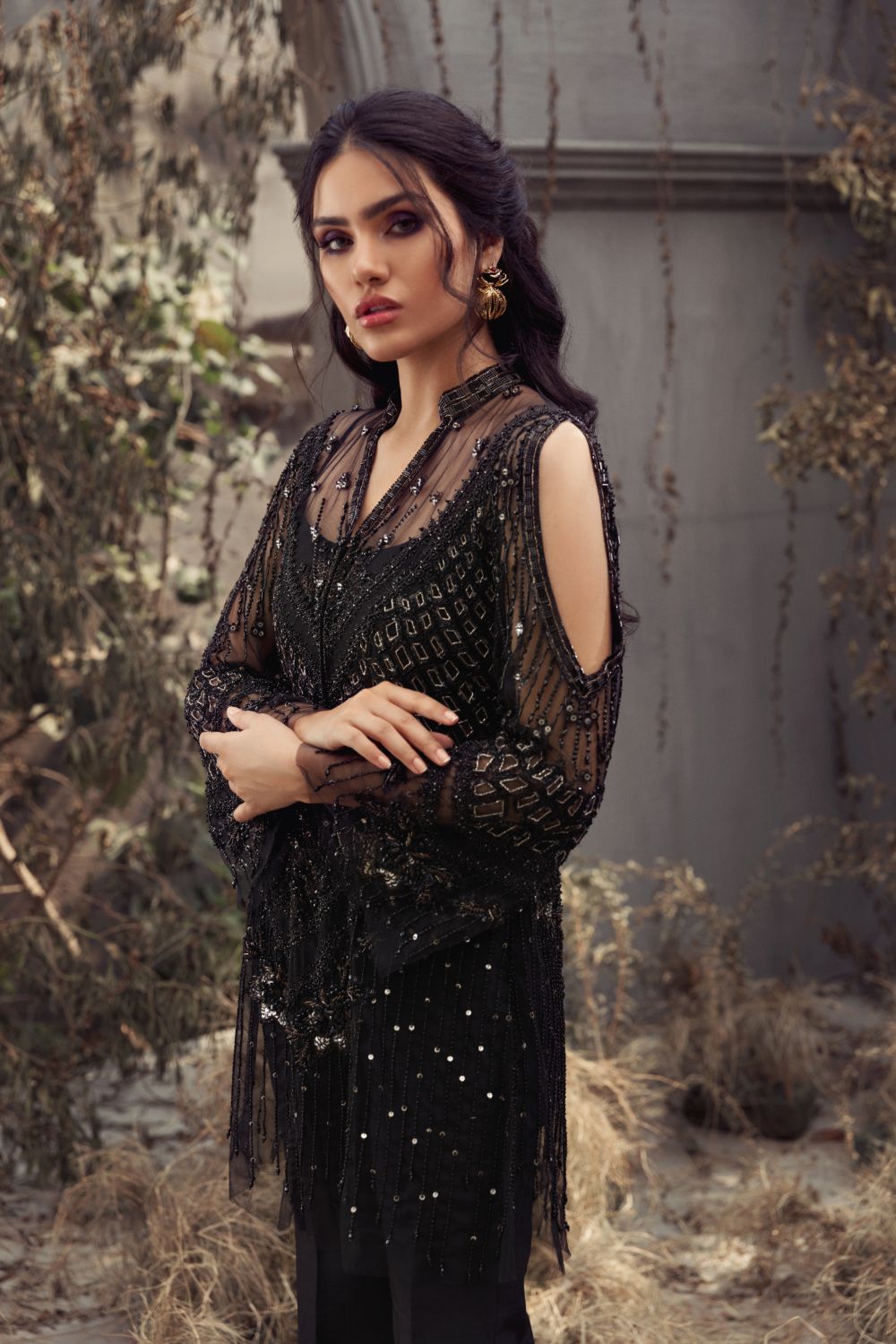 Black Beaded Net Salwar Kameez (2-Piece) - Image 5