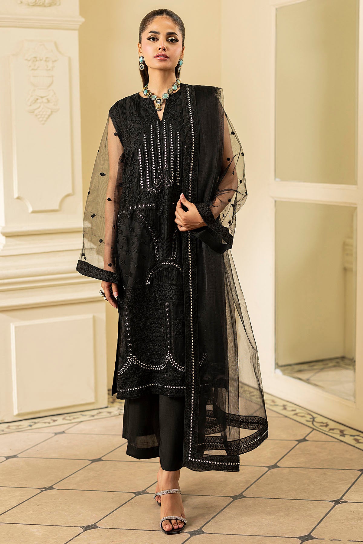 Pakistani Onyx Black Embroidered Net Salwar Kameez (3-Piece) - Image 1