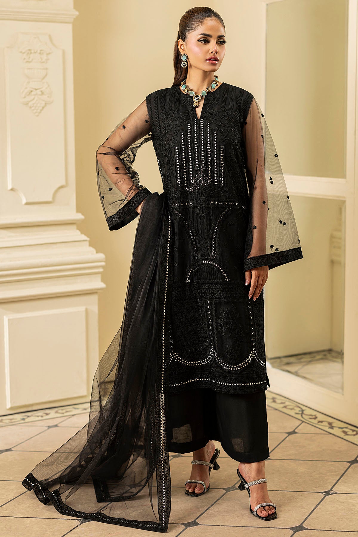 Pakistani Onyx Black Embroidered Net Salwar Kameez (3-Piece) - Image 2