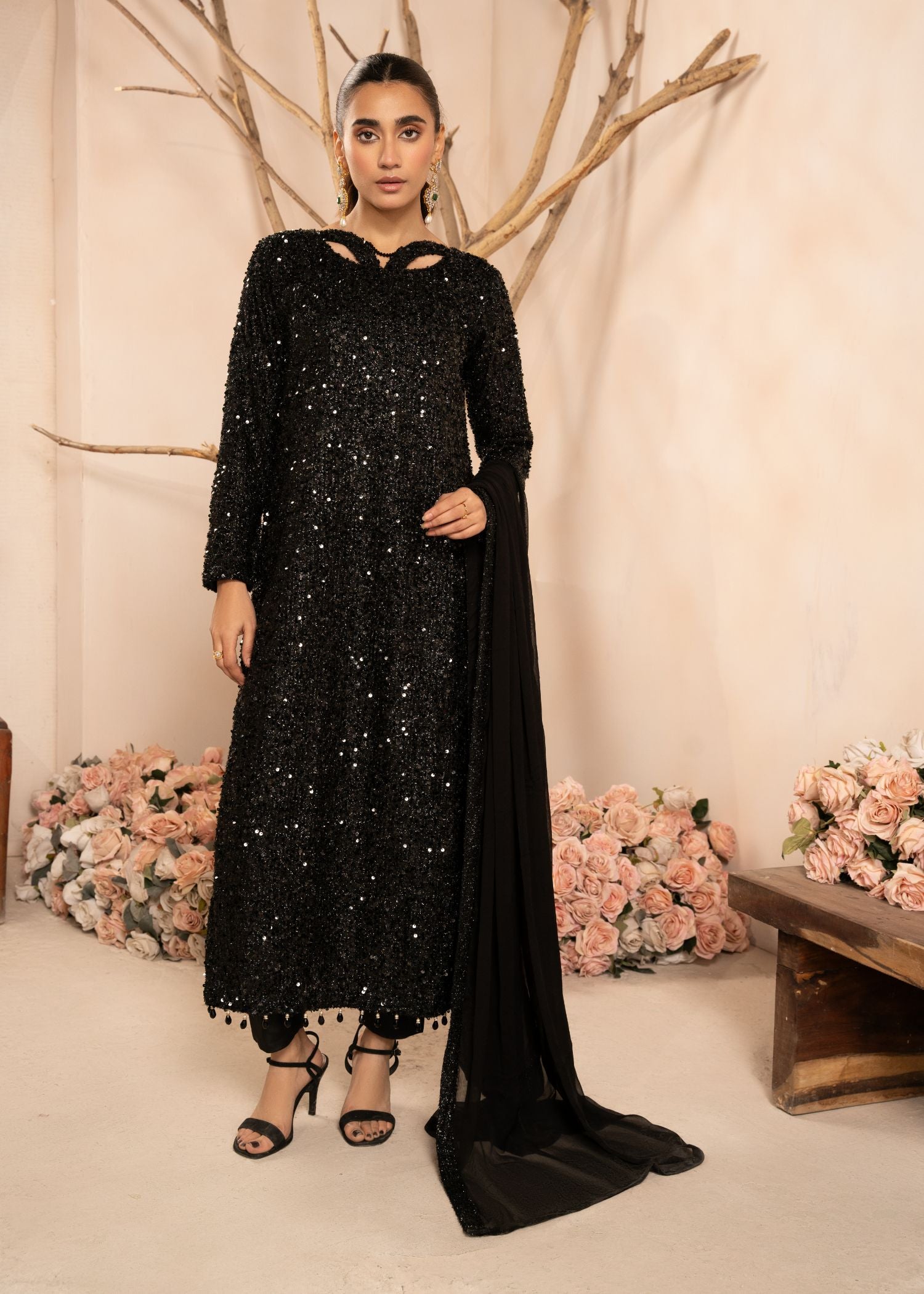 Black Sequin Embroidered Net Kurta Set (3-Piece) - Image 1