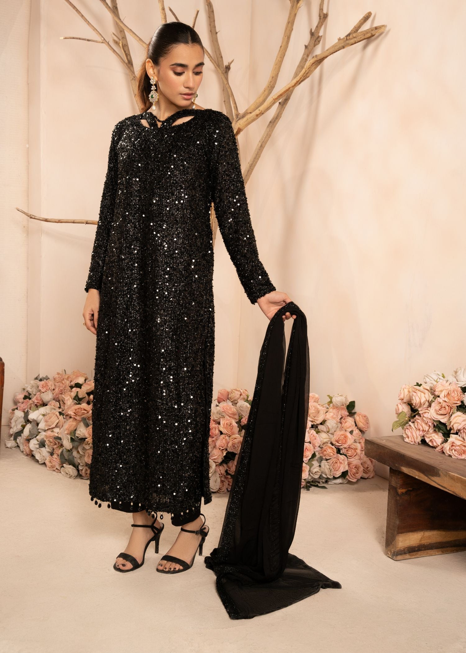 Black Sequin Embroidered Net Kurta Set (3-Piece) - Image 2