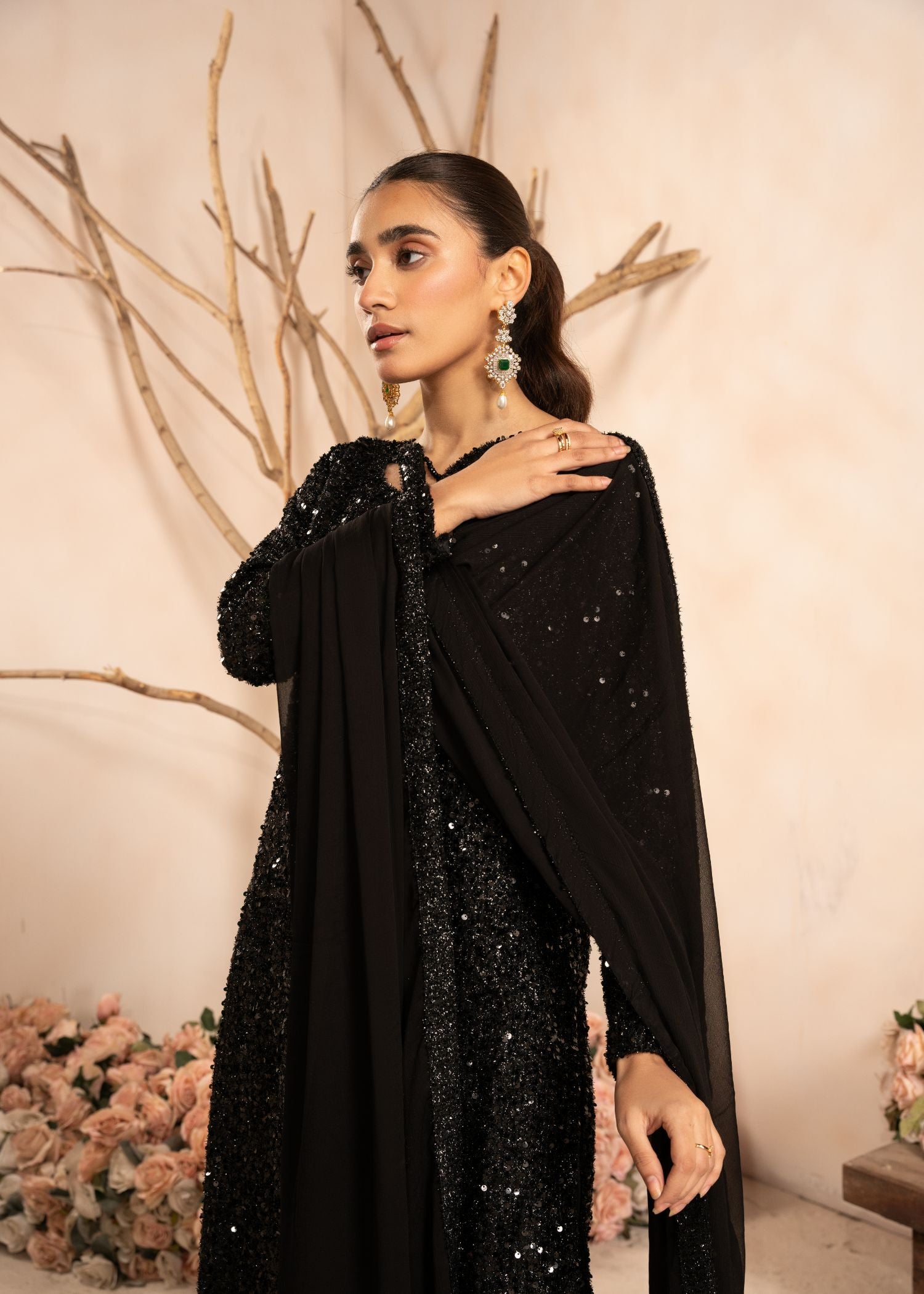 Black Sequin Embroidered Net Kurta Set (3-Piece) - Image 5