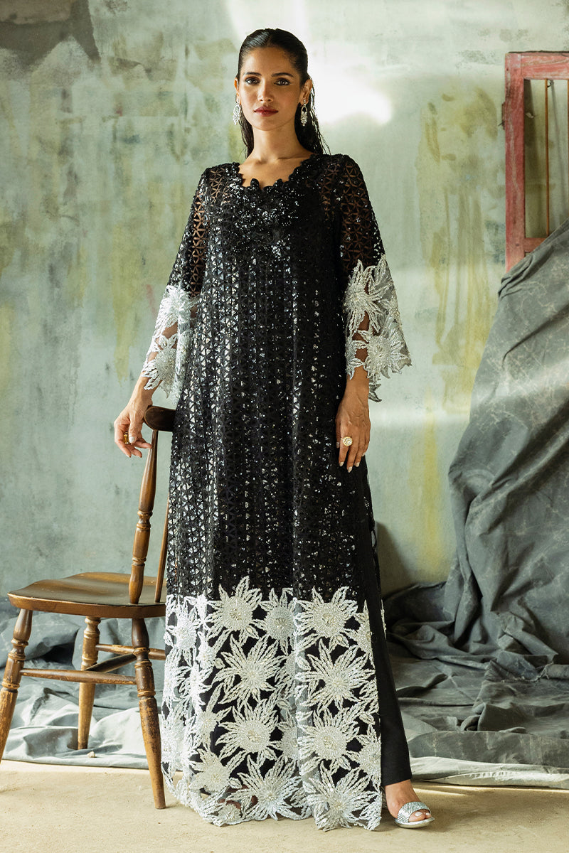 Pakistani Black Embroidered Net Salwar Kameez (3-Piece) - Image 1