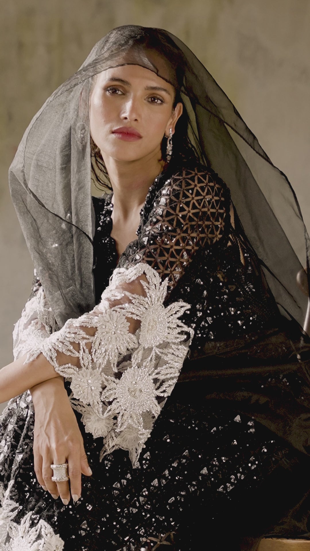 Pakistani Black Embroidered Net Salwar Kameez (3-Piece) - Image 15