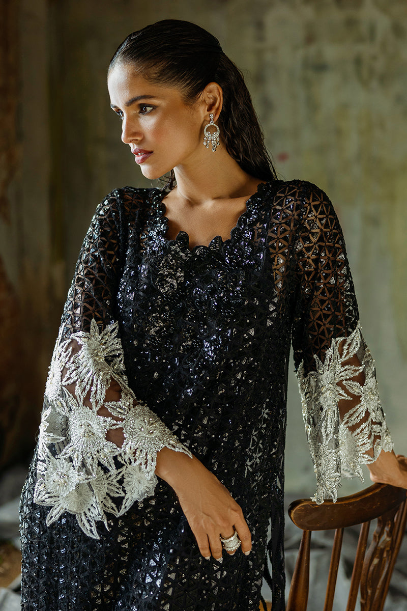 Pakistani Black Embroidered Net Salwar Kameez (3-Piece) - Image 3