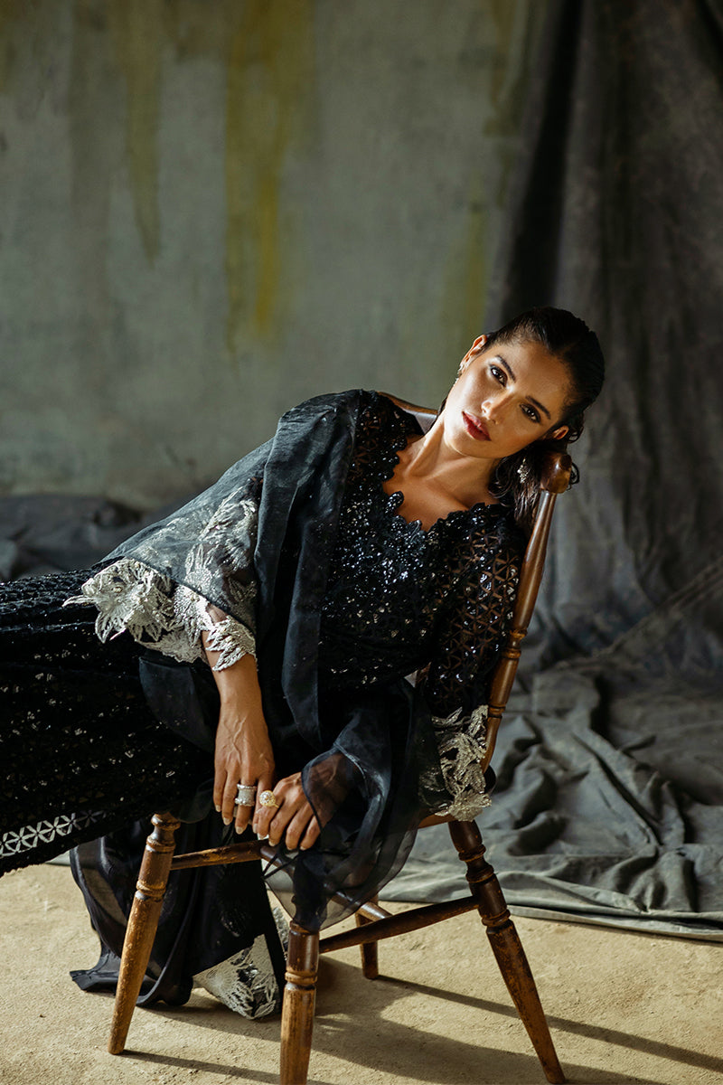 Pakistani Black Embroidered Net Salwar Kameez (3-Piece) - Image 9