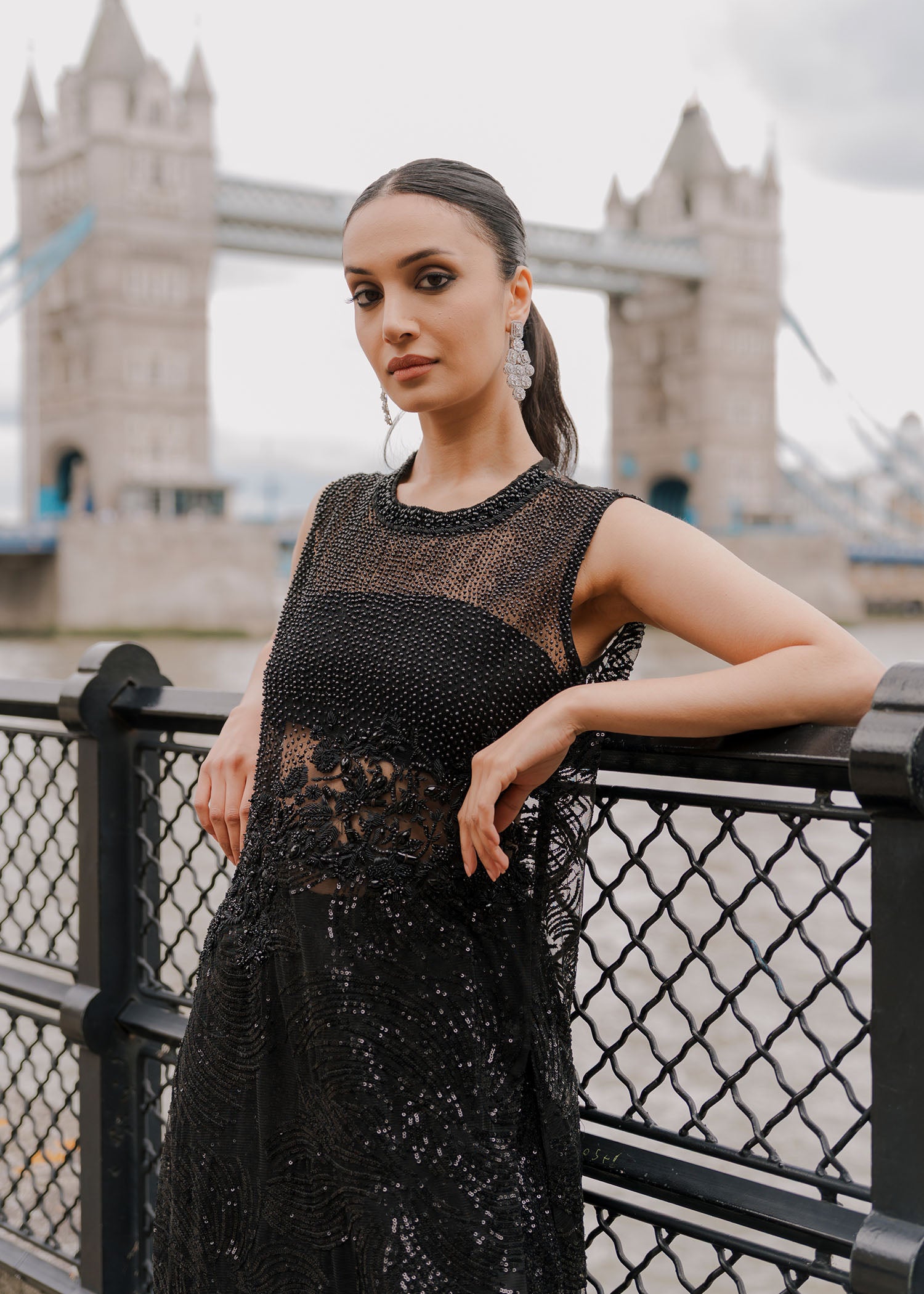 Black Embellished Net & Silk Salwar Kameez (3-Piece) - Image 2