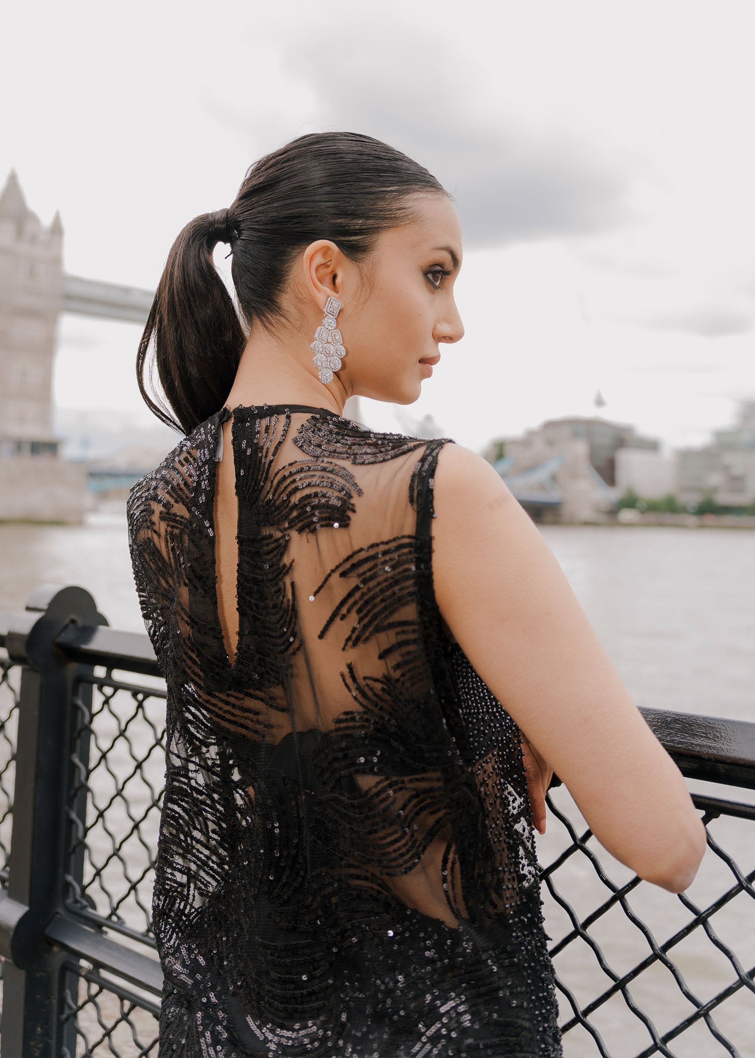 Black Embellished Net & Silk Salwar Kameez (3-Piece) - Image 4