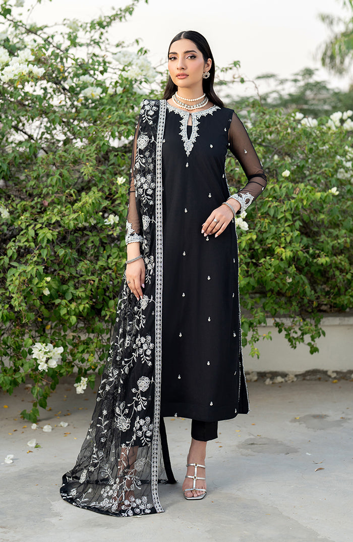 Pakistani Black Hand-Embellished Net Salwar Kameez (3-Piece) - Image 1