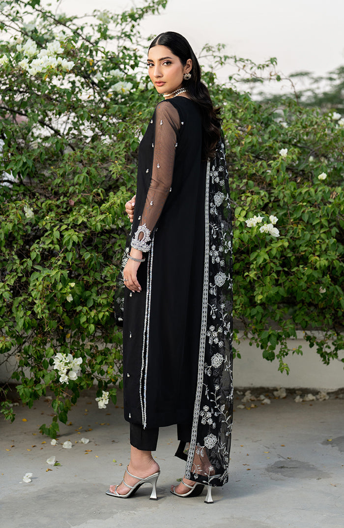 Pakistani Black Hand-Embellished Net Salwar Kameez (3-Piece) - Image 2
