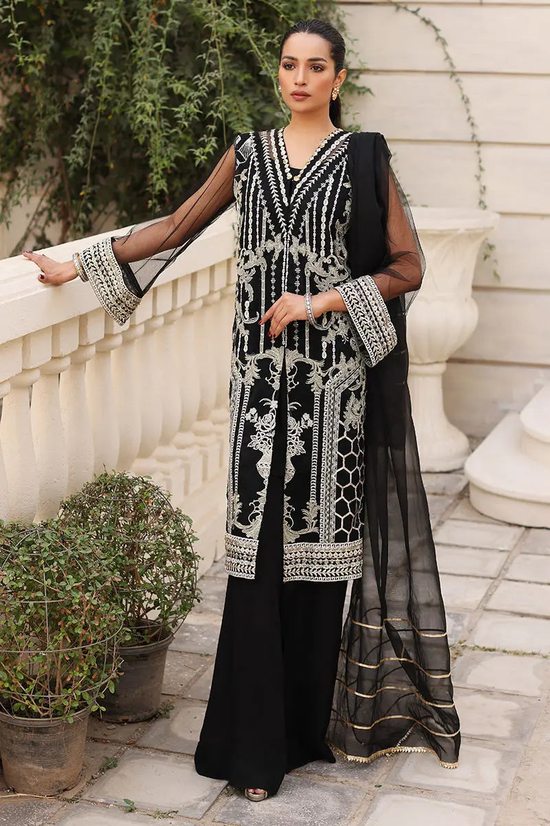 Black Embroidered Net Kurta Set (3-Piece) - Image 1