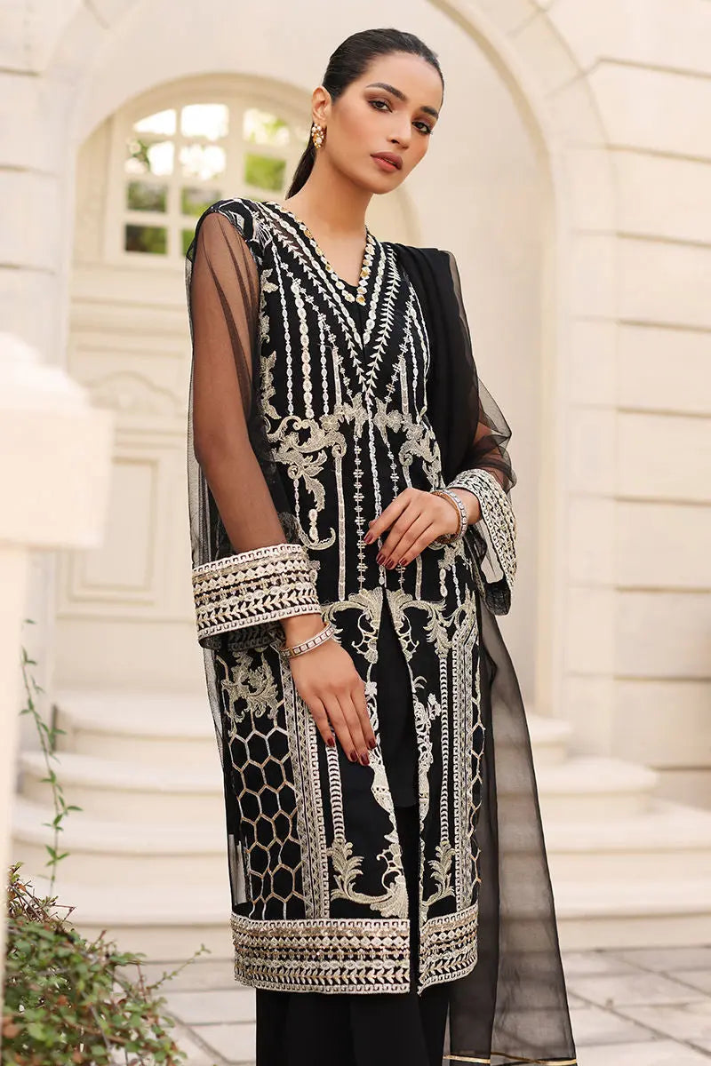 Black Embroidered Net Kurta Set (3-Piece) - Image 4