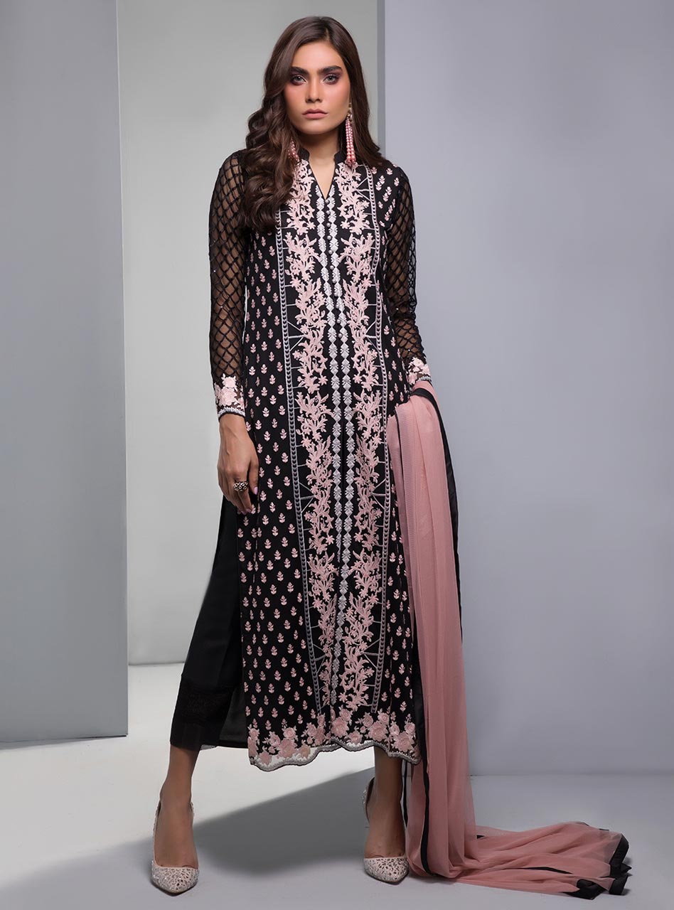 Black Floral Embroidered Net Salwar Kameez (3-Piece) - Image 1