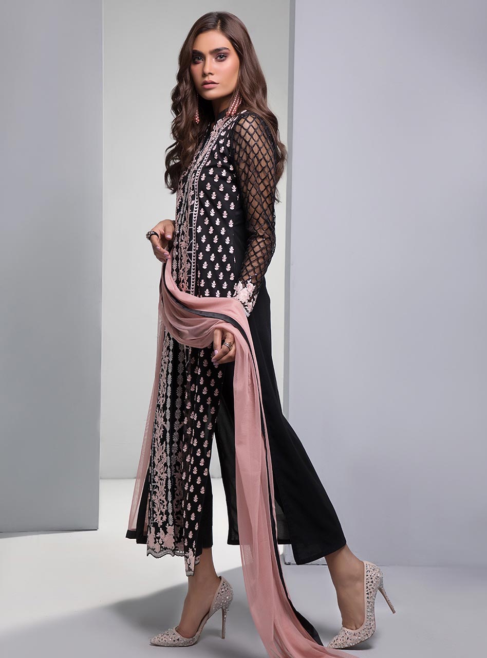 Black Floral Embroidered Net Salwar Kameez (3-Piece) - Image 4