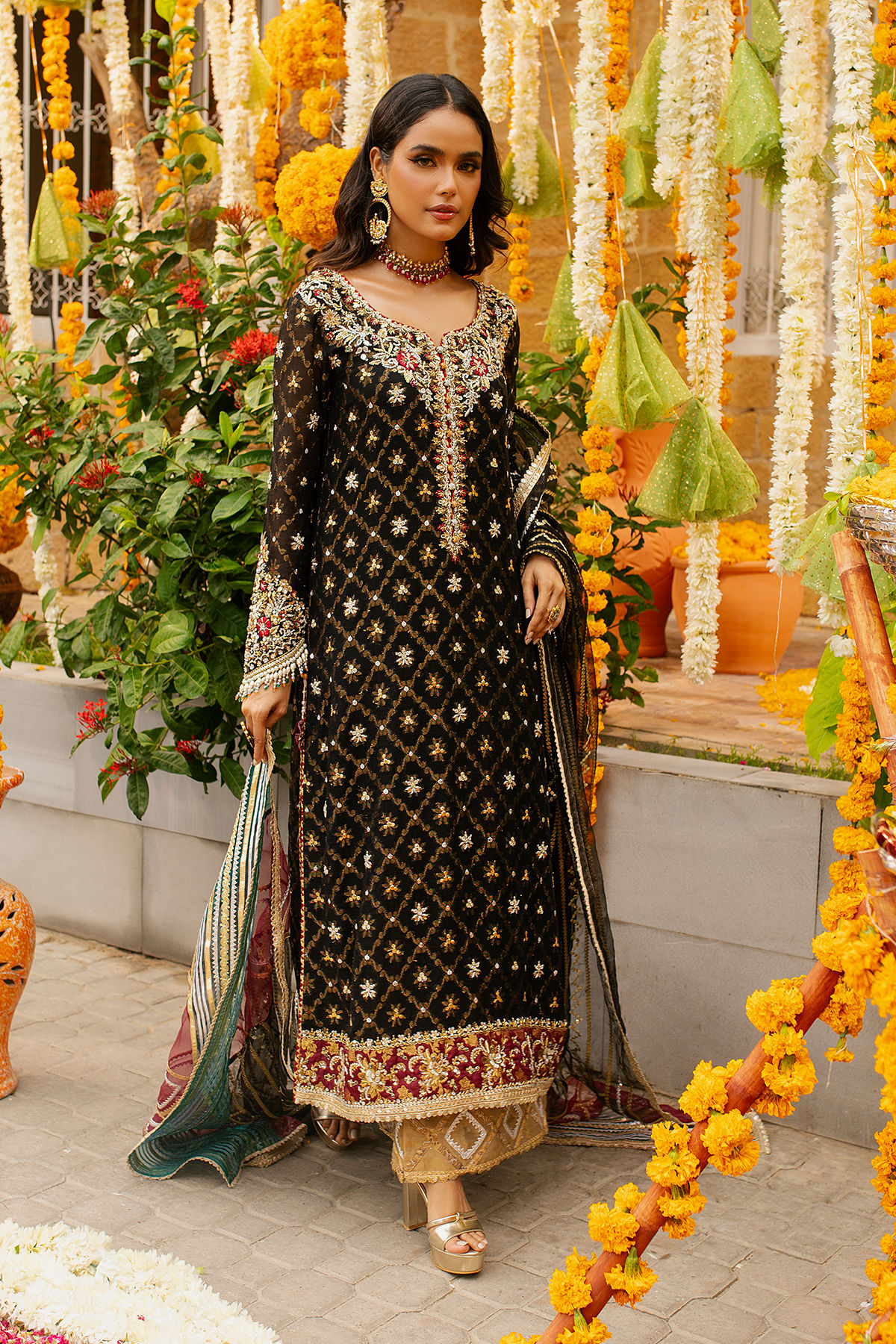 Pakistani Black Embroidered Net Salwar Kameez (3-Piece) - Image 1