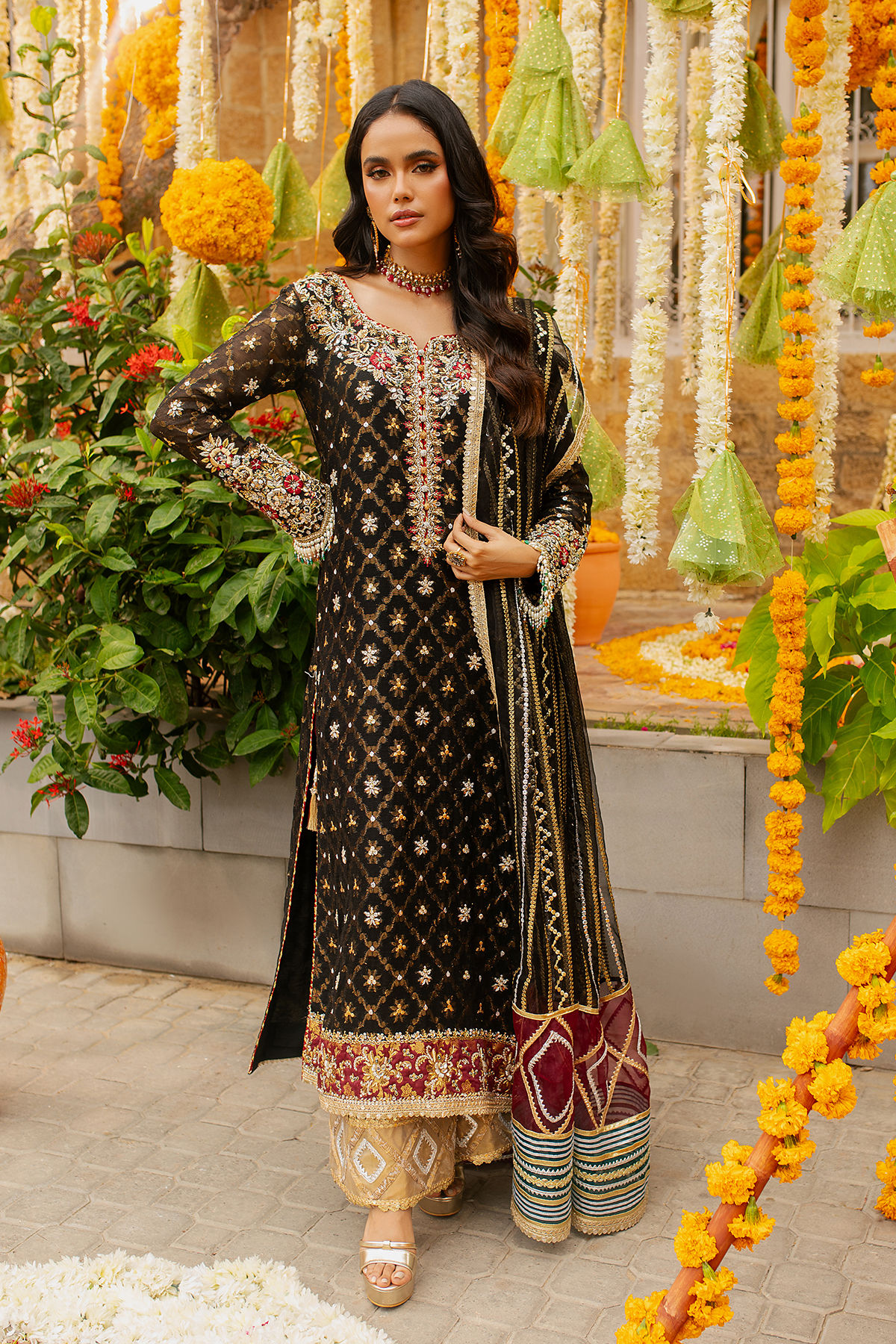 Pakistani Black Embroidered Net Salwar Kameez (3-Piece) - Image 2