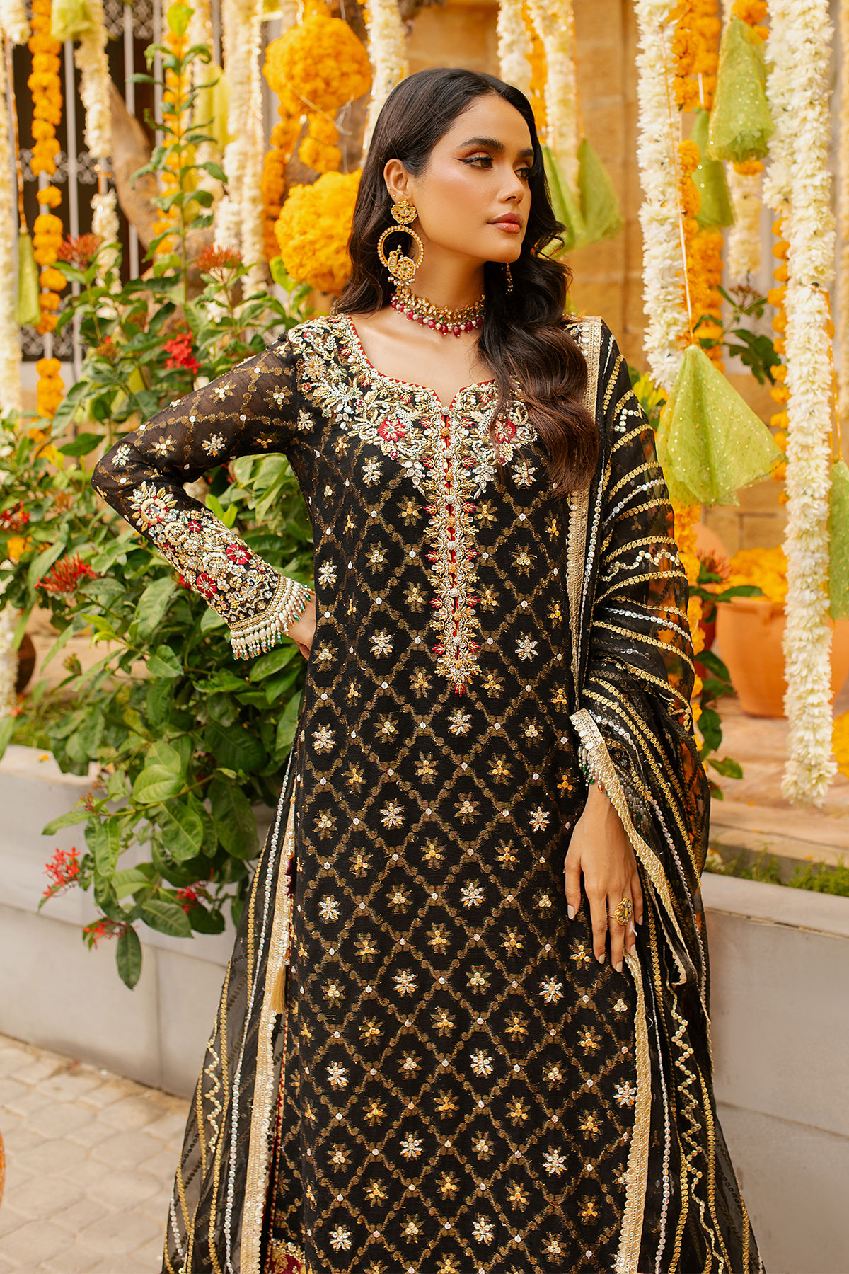 Pakistani Black Embroidered Net Salwar Kameez (3-Piece) - Image 3