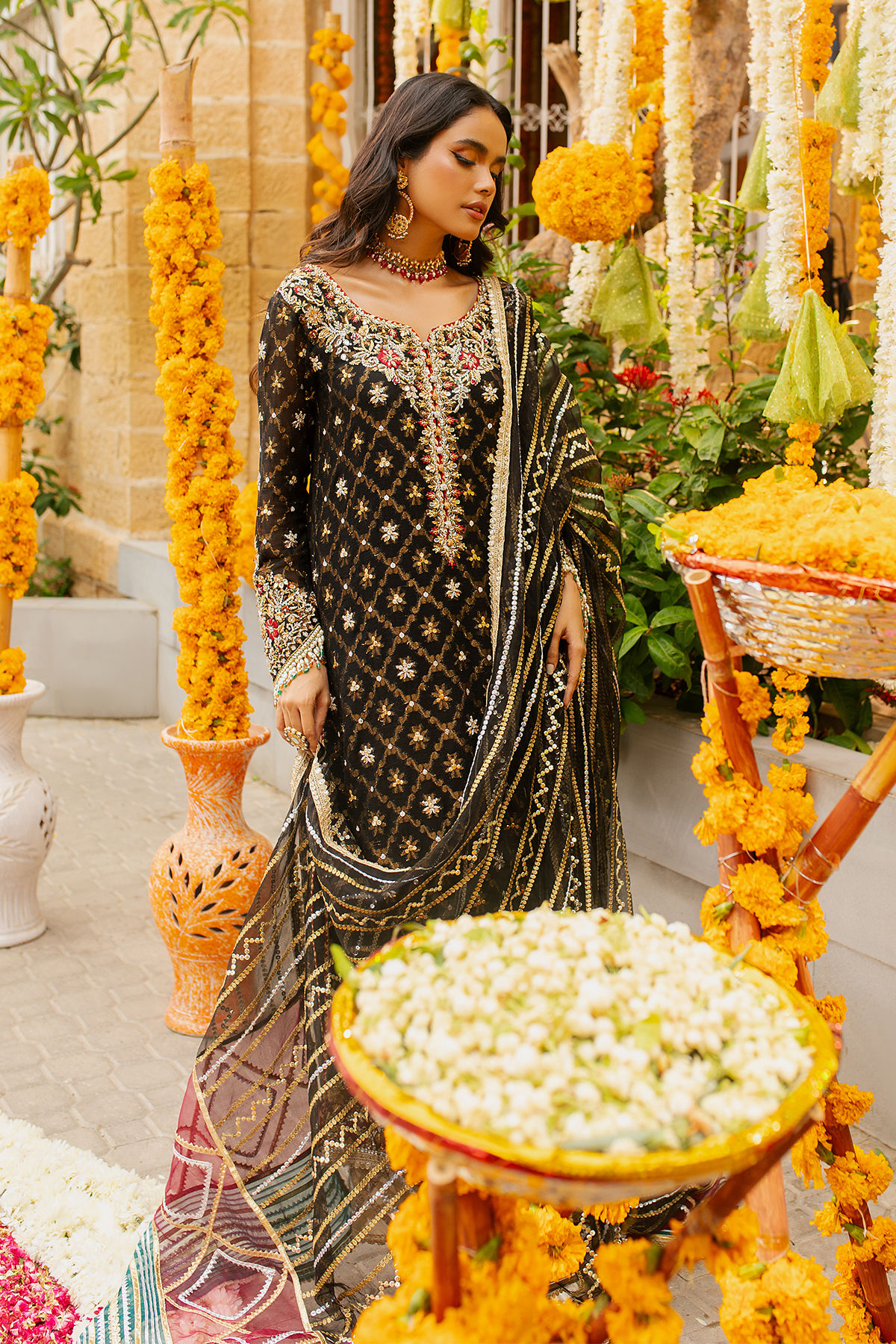 Pakistani Black Embroidered Net Salwar Kameez (3-Piece) - Image 4