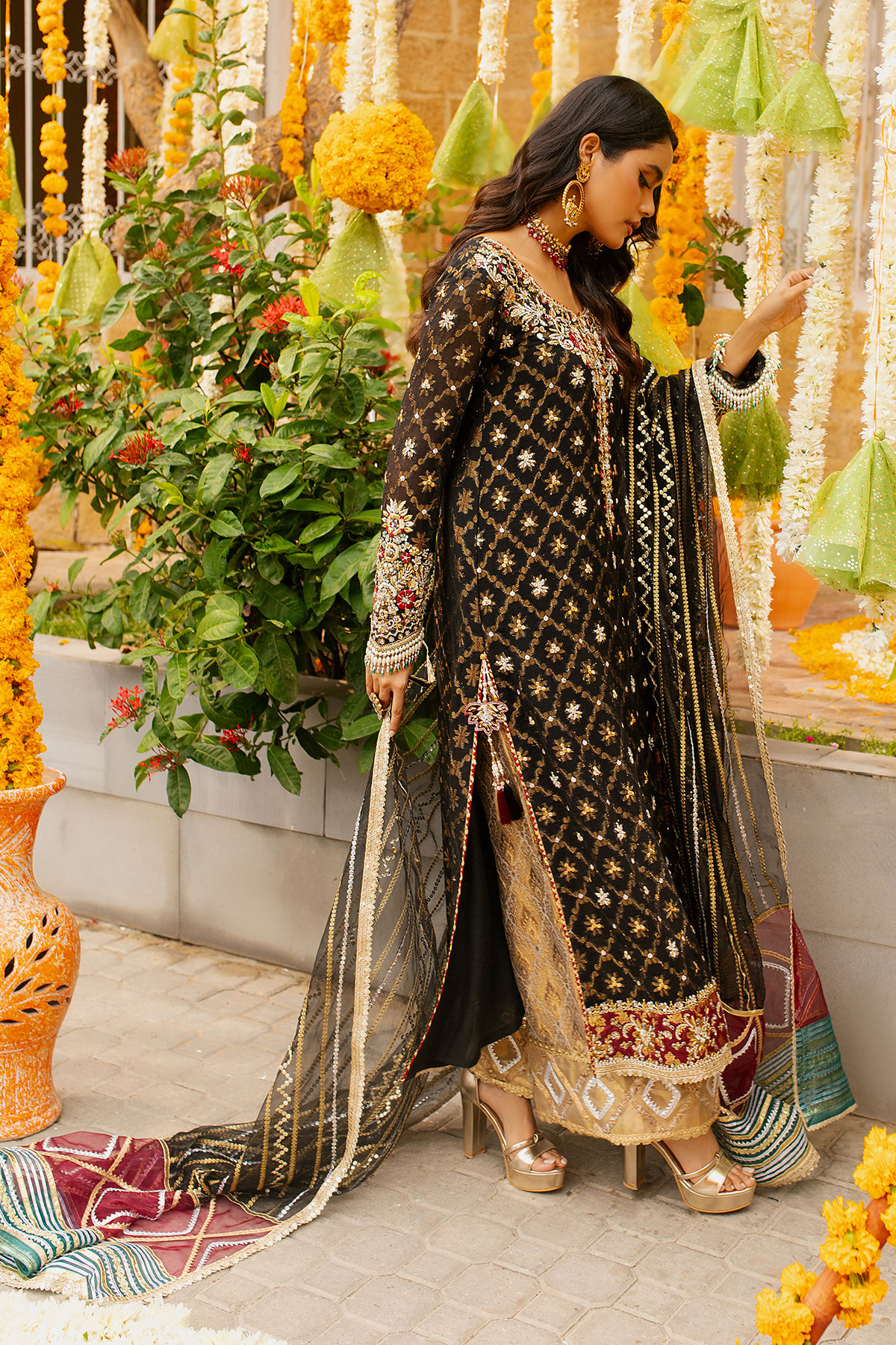Pakistani Black Embroidered Net Salwar Kameez (3-Piece) - Image 5