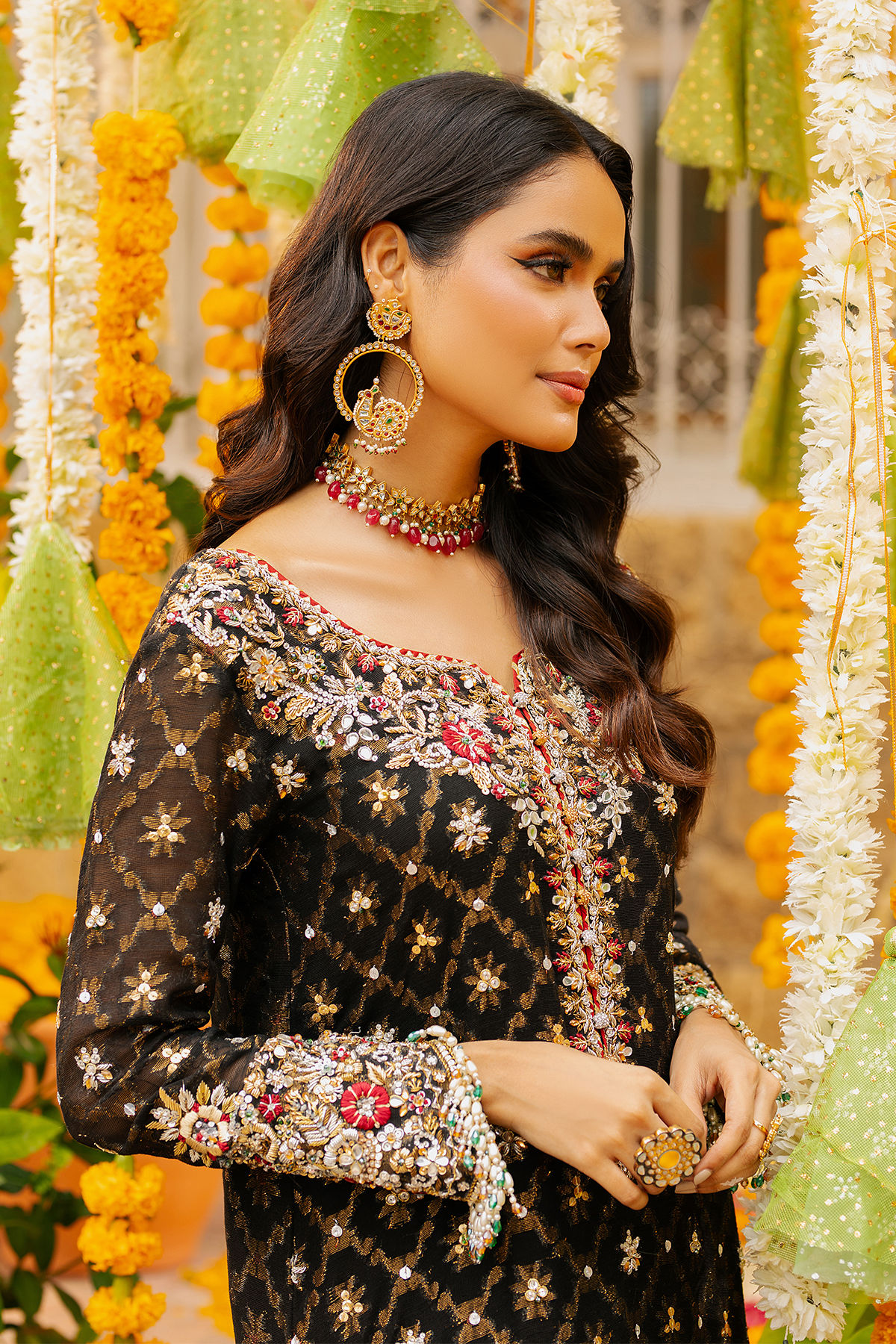 Pakistani Black Embroidered Net Salwar Kameez (3-Piece) - Image 6